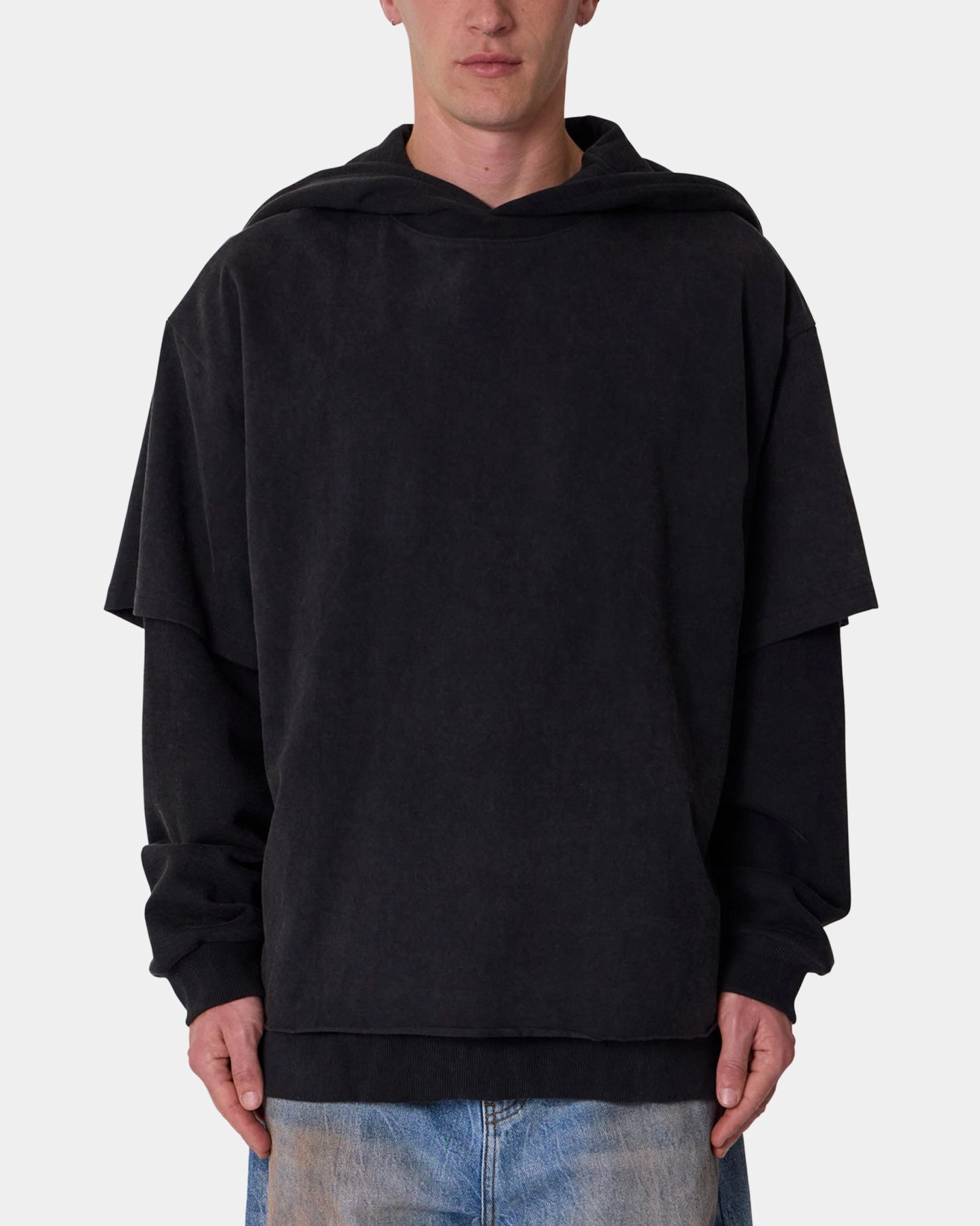 Construct Soft Touch Interior MNML Over Tee Layered Hoodie Washed Black