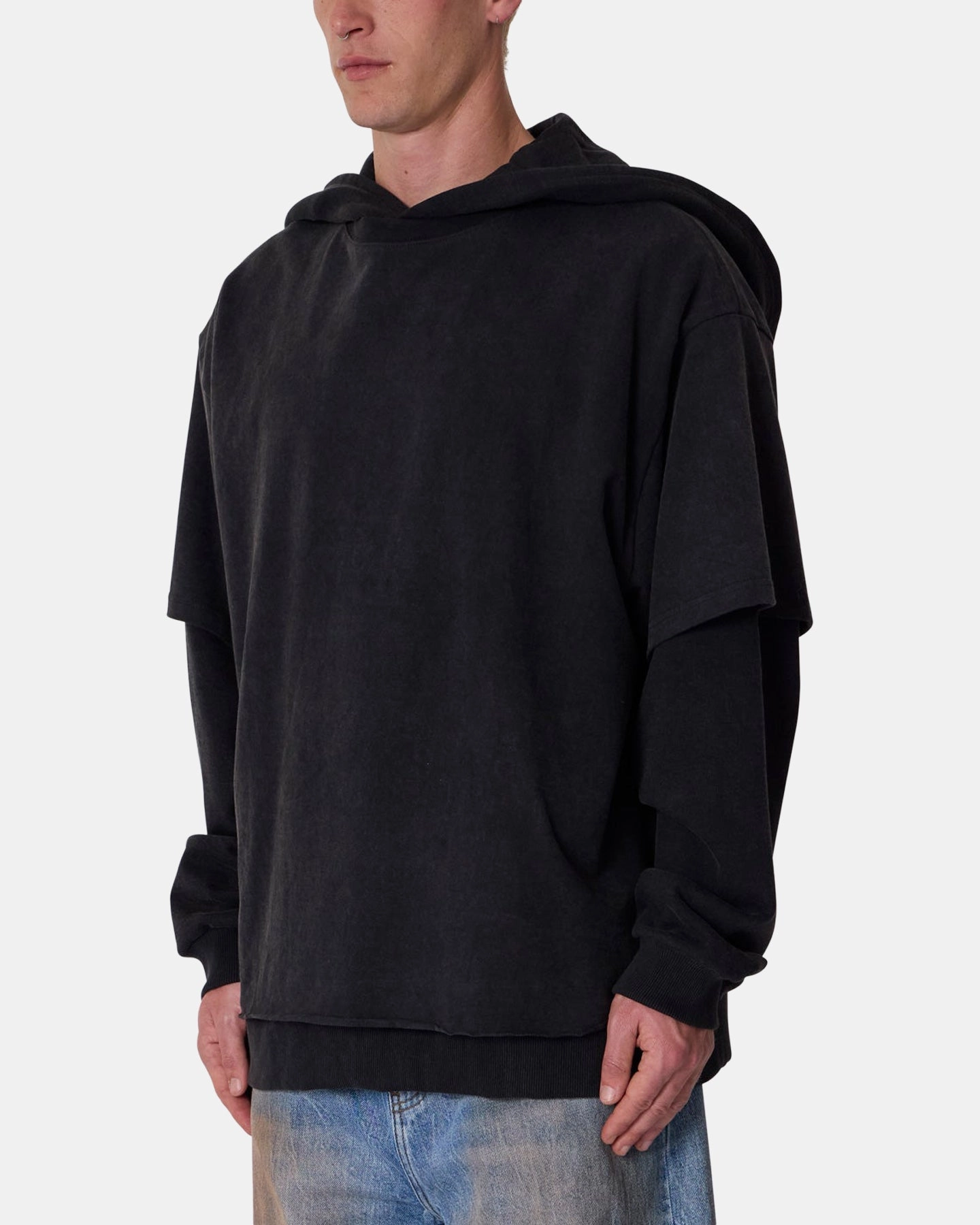 MNML Over Tee Layered Hoodie Washed Black Taped Seams