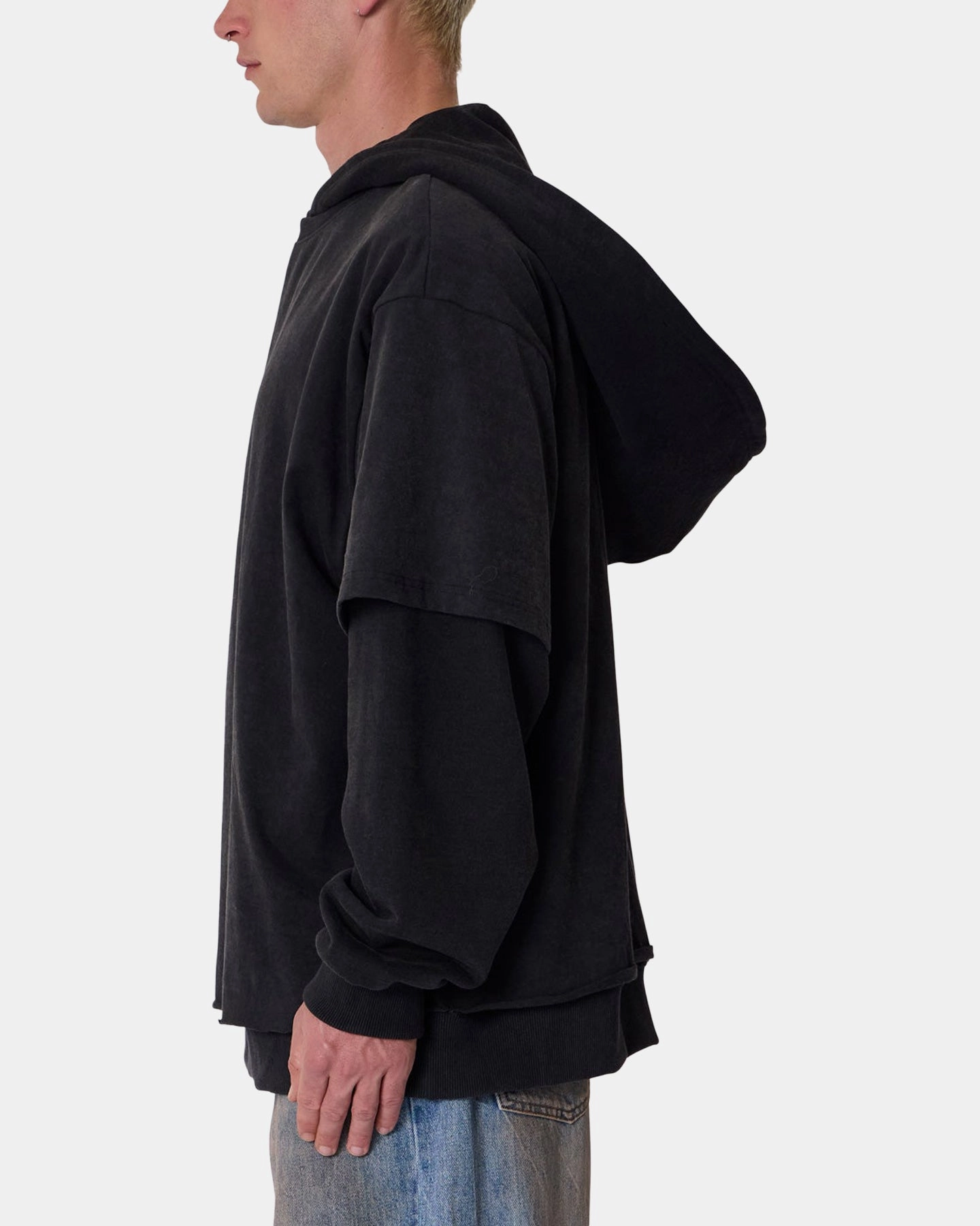 MNML Over Tee Layered Hoodie Washed Black Fashion Vibe Eco - friendly