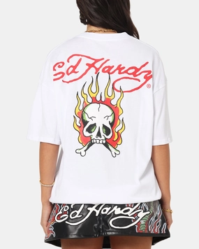 Ed Hardy Flaming Skull T-Shirt White Soft Layer EcoFriendly Dye