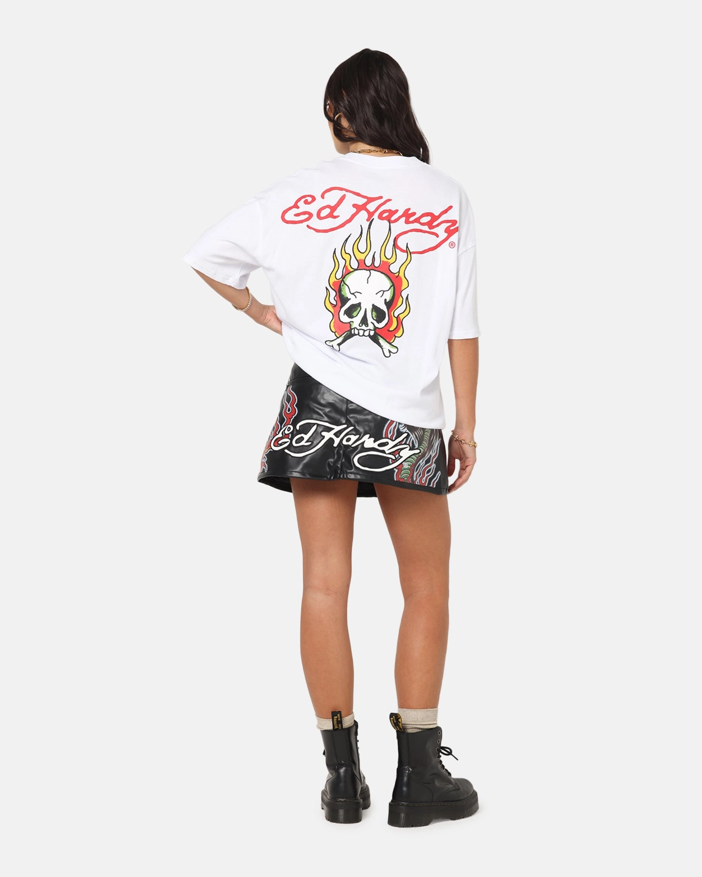 adults' Garment Dyed Ed Hardy Flaming Skull T-Shirt White