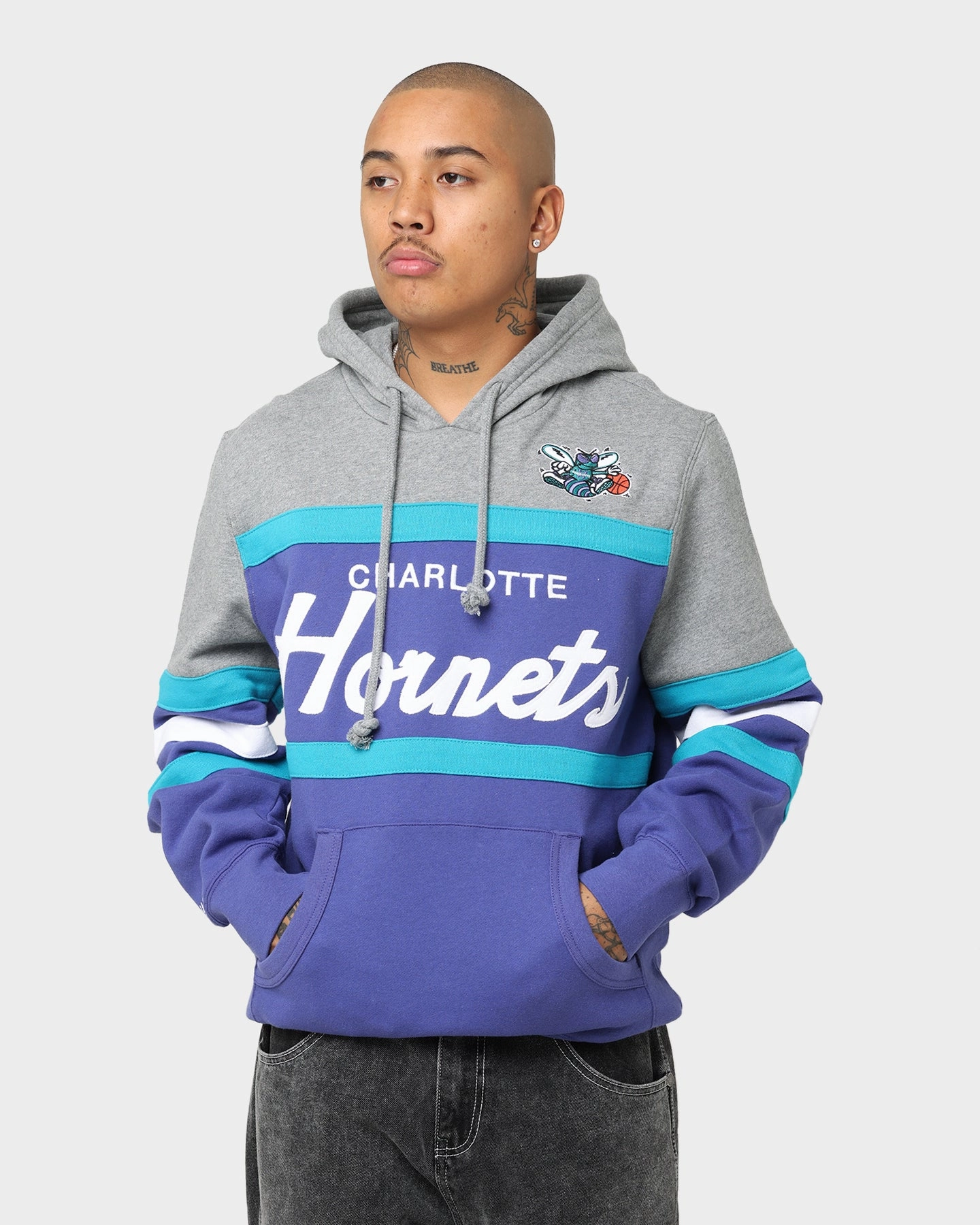 Mitchell & Ness Charlotte Hornets Head Coach Hoodie Royal StretchFit Fabric Technology writers