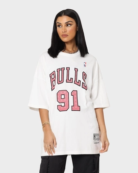 Mitchell & Ness Chicago Bulls Dennis Rodman #91 N & N Oversized T-Shirt Vintage White Breathable Cotton Fabric Oeko Tex Certified