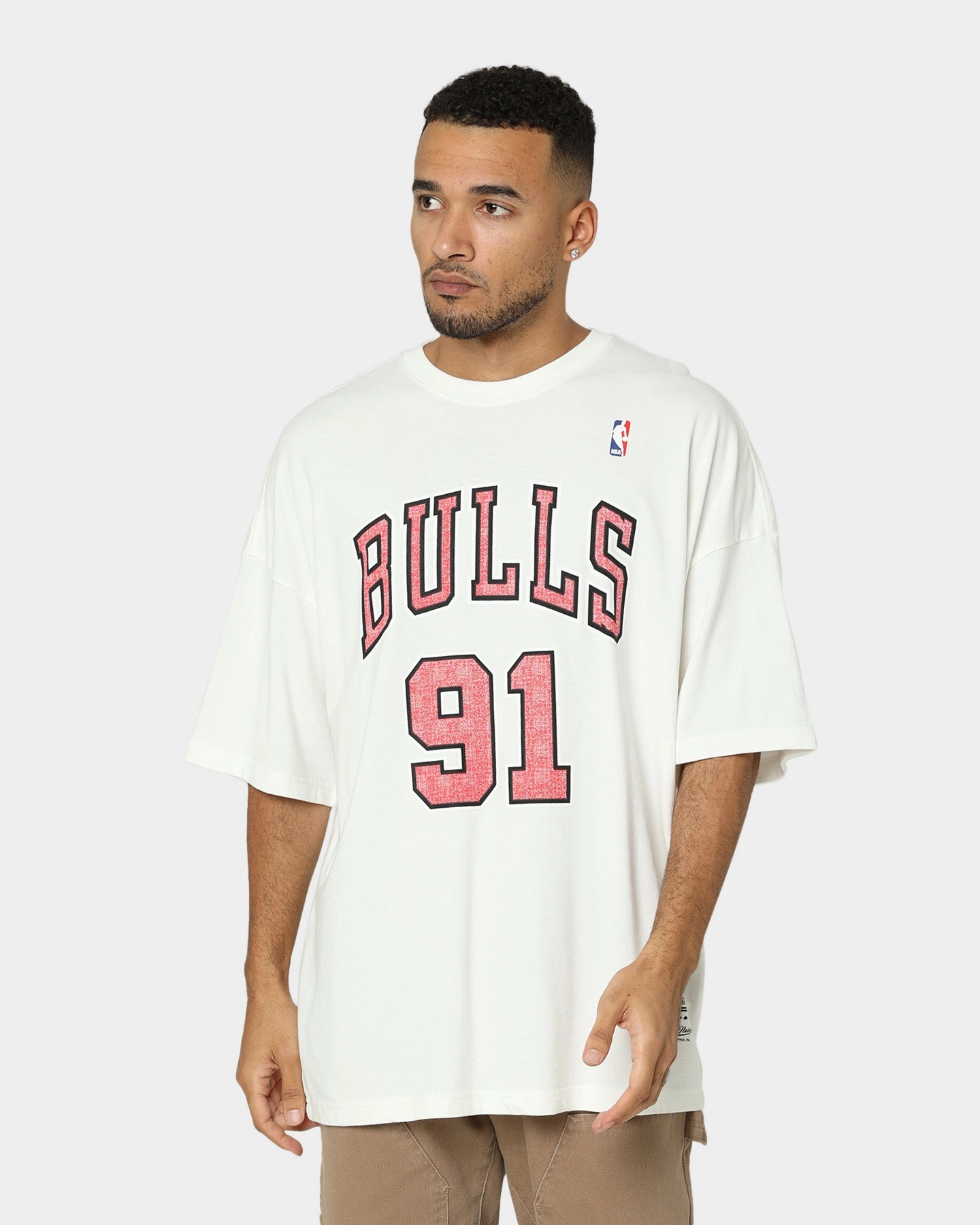 Sporty Style Wear Light and Fresh Mitchell & Ness Chicago Bulls Dennis Rodman #91 N & N Oversized T-Shirt Vintage White