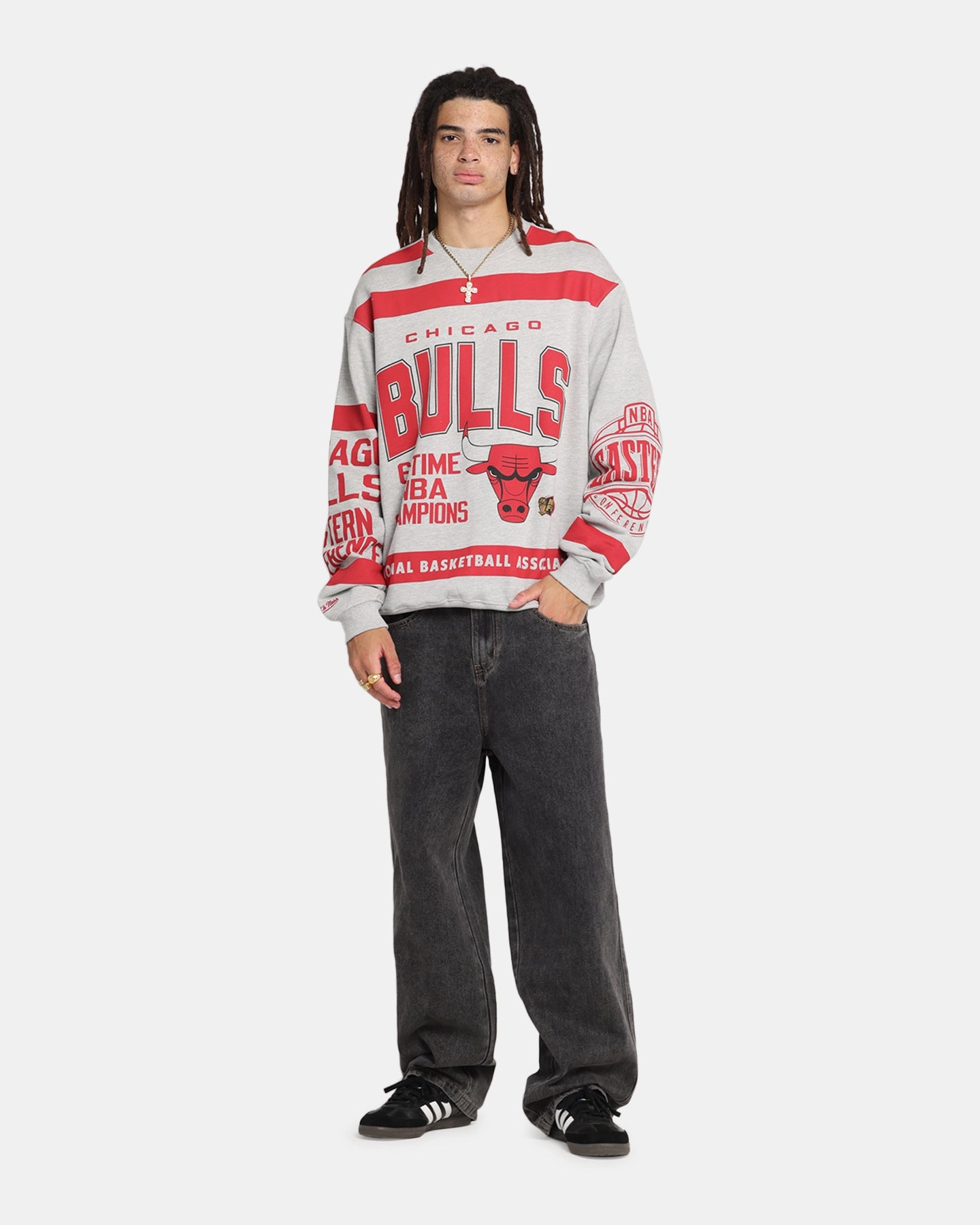Mitchell & Ness Chicago Bulls Letterform Crewneck Grey Marle/Official Team Color Casual Staple Water Resistant Coat