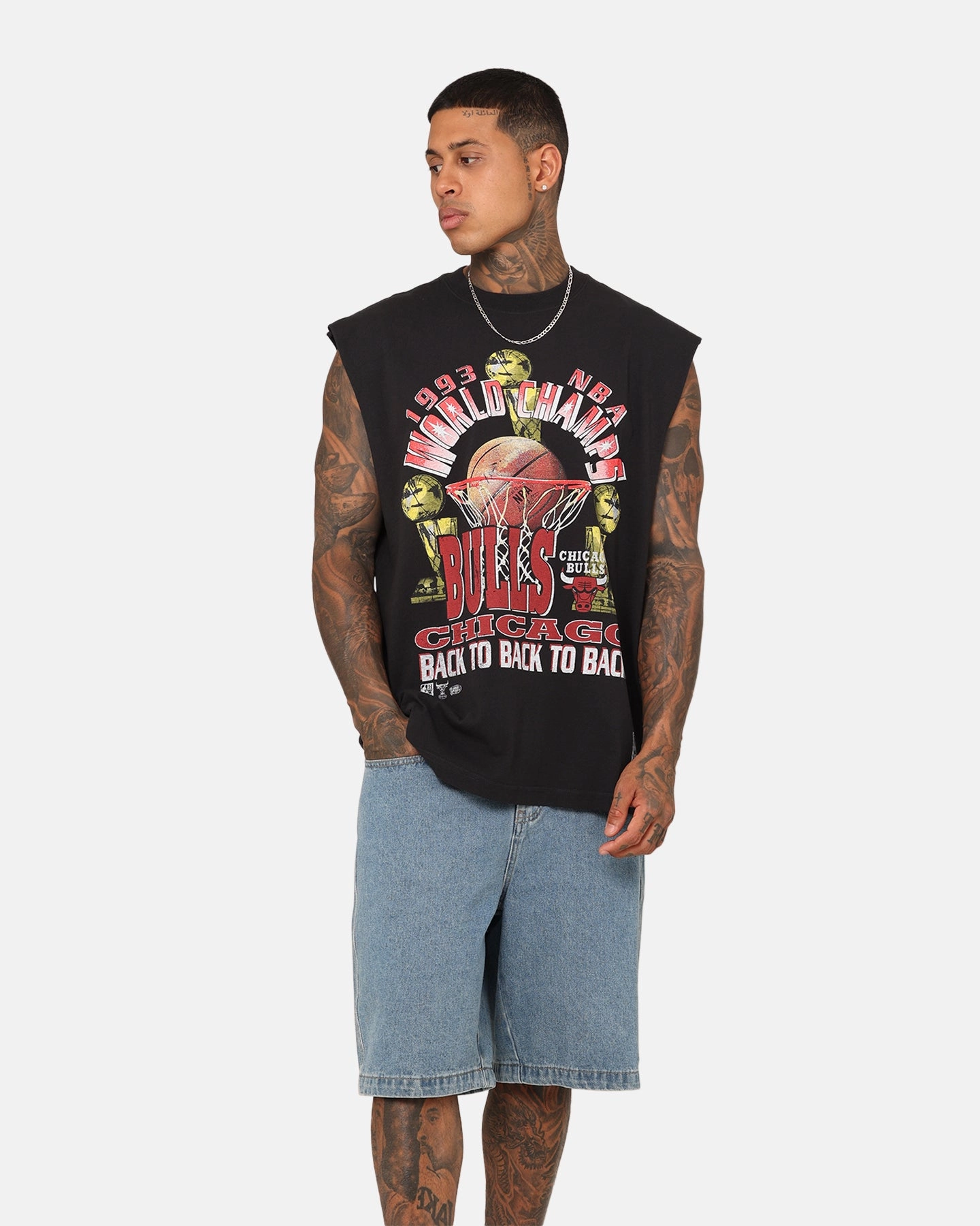 Mitchell & Ness Chicago Bulls Vintage Muscle T-Shirt Faded Black Light Comfort Style Lace trim