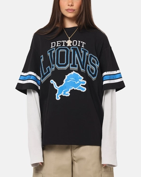 Mitchell & Ness Detroit Lions Waffle Mock Layer Long Sleeve T-Shirt Black NonIrritatingTags