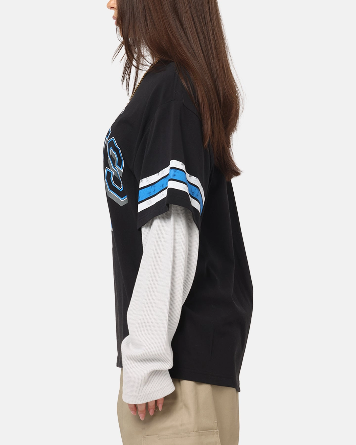 Mitchell & Ness Detroit Lions Waffle Mock Layer Long Sleeve T-Shirt Black Chilly Layer