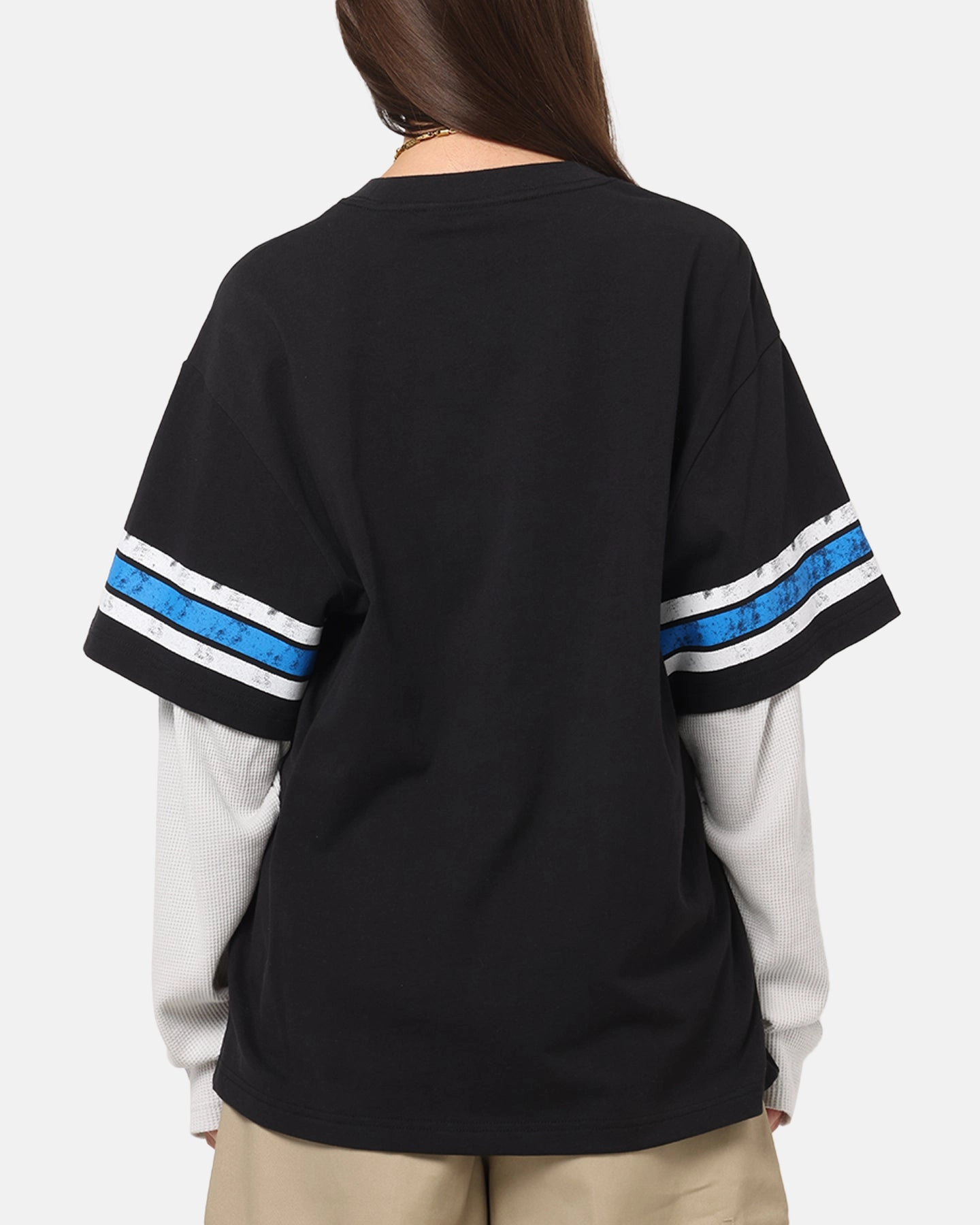 Mitchell & Ness Detroit Lions Waffle Mock Layer Long Sleeve T-Shirt Black Yarn Dyed Fabric