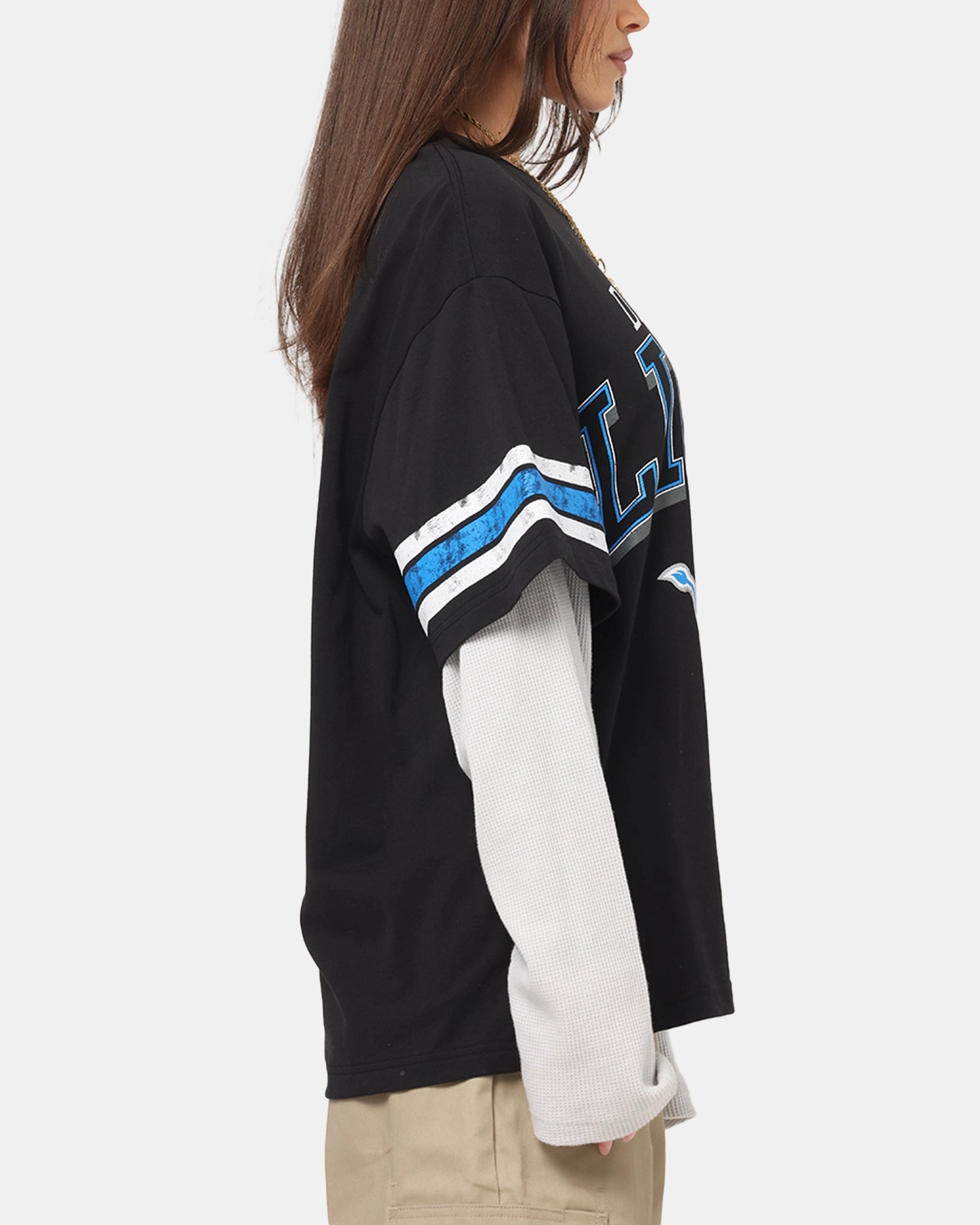 Mitchell & Ness Detroit Lions Waffle Mock Layer Long Sleeve T-Shirt Black Layered Sleeve Construction