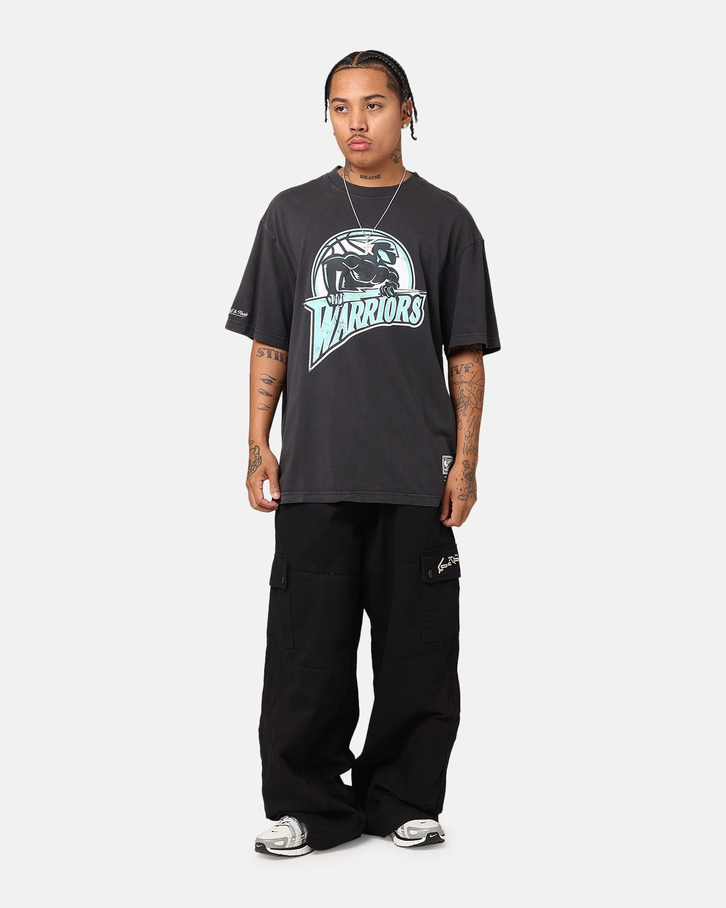 Mitchell & Ness Golden State Warriors Ice Blue Logo T-Shirt Faded Black Office Wear