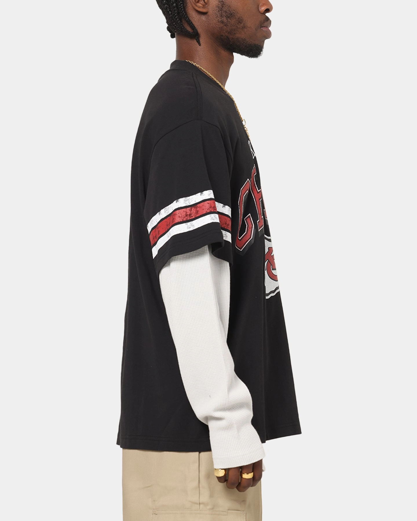 Mitchell & Ness Kansas City Chiefs Waffle Mock Layer Long Sleeve T-Shirt Black Embroidered Details Loose fitting comfort
