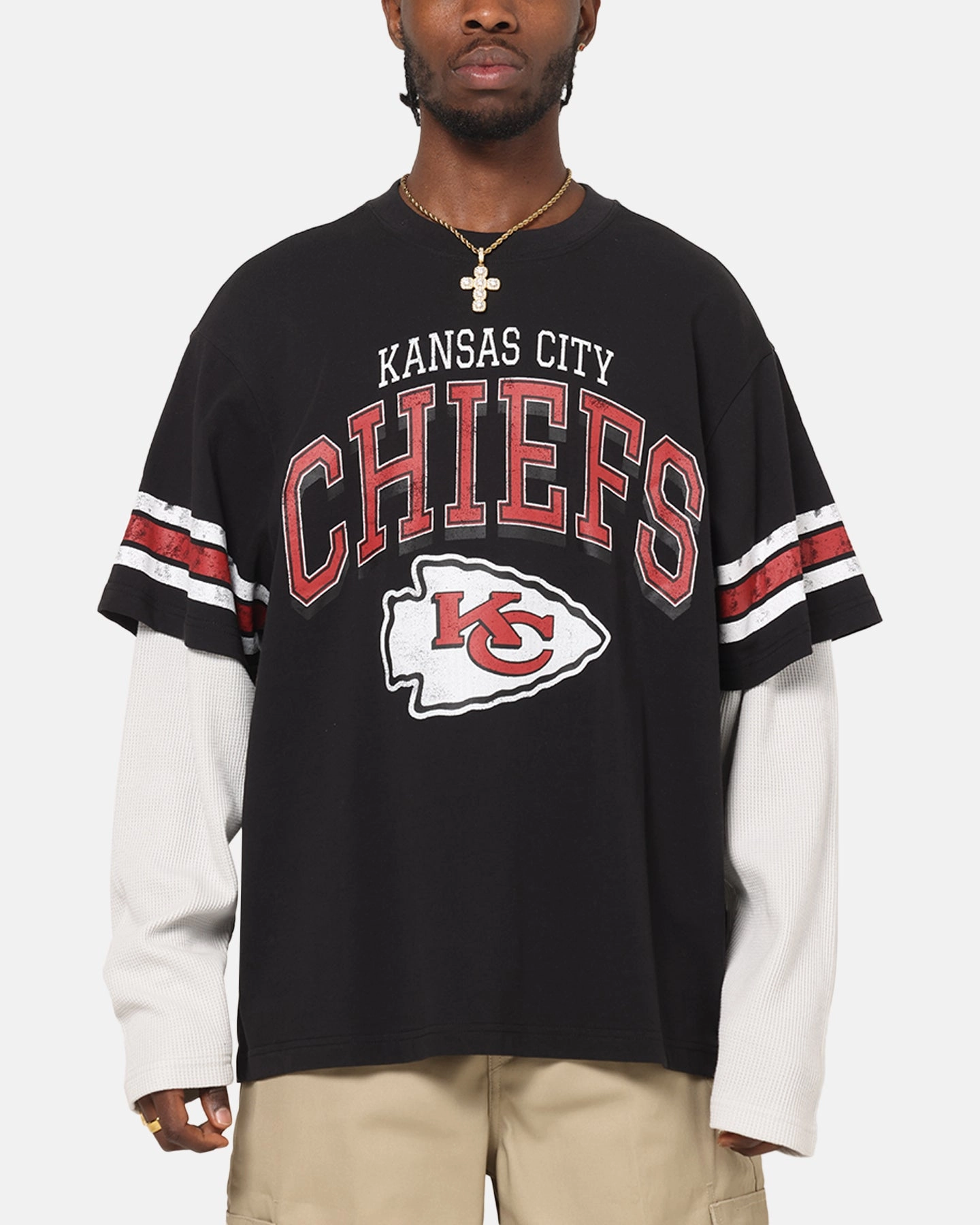 Mitchell & Ness Kansas City Chiefs Waffle Mock Layer Long Sleeve T-Shirt Black StretchReinforcedArmholes