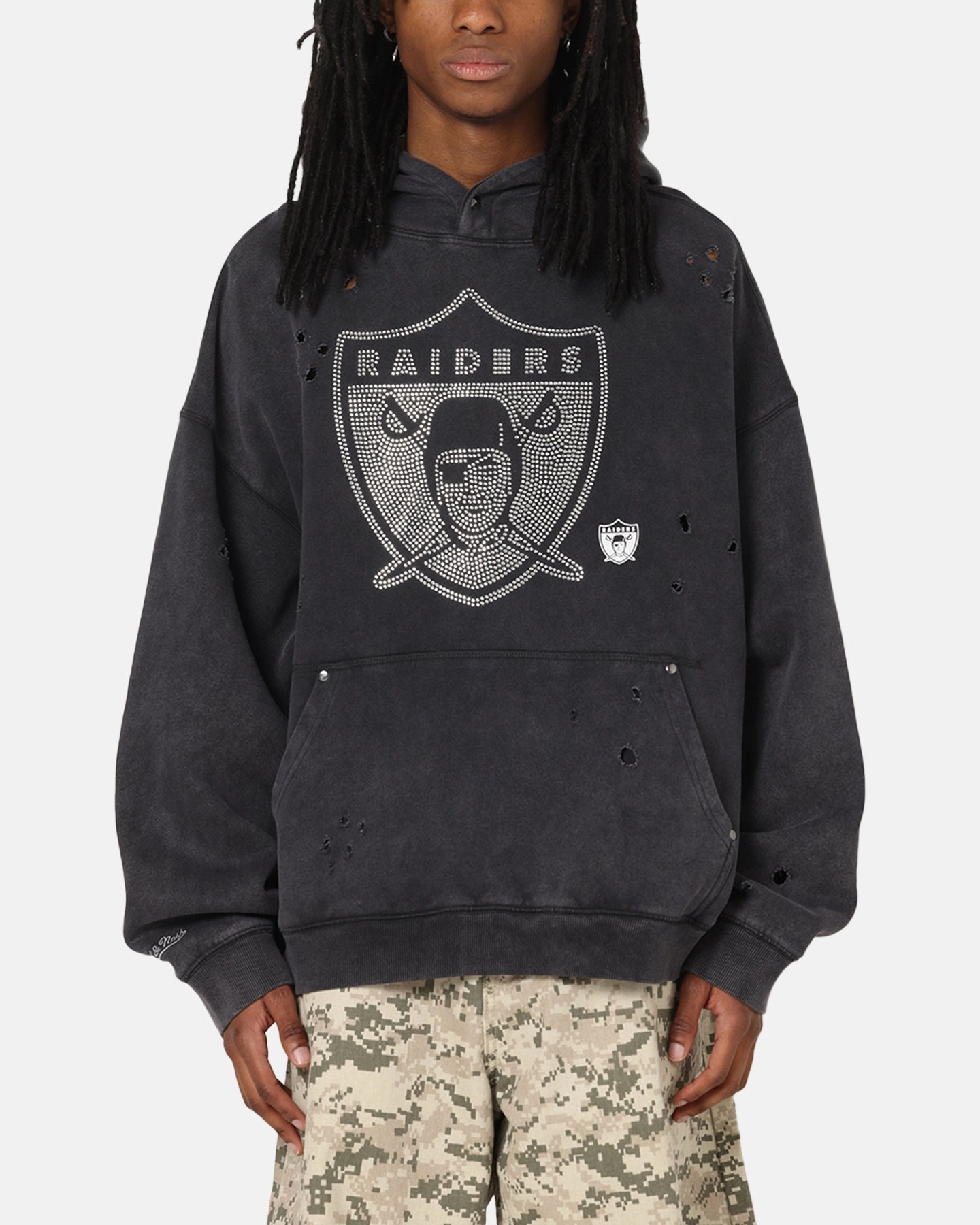 teamwork Mitchell & Ness Las Vegas Raiders Distressed Rhinestone Logo Hoodie Faded Black