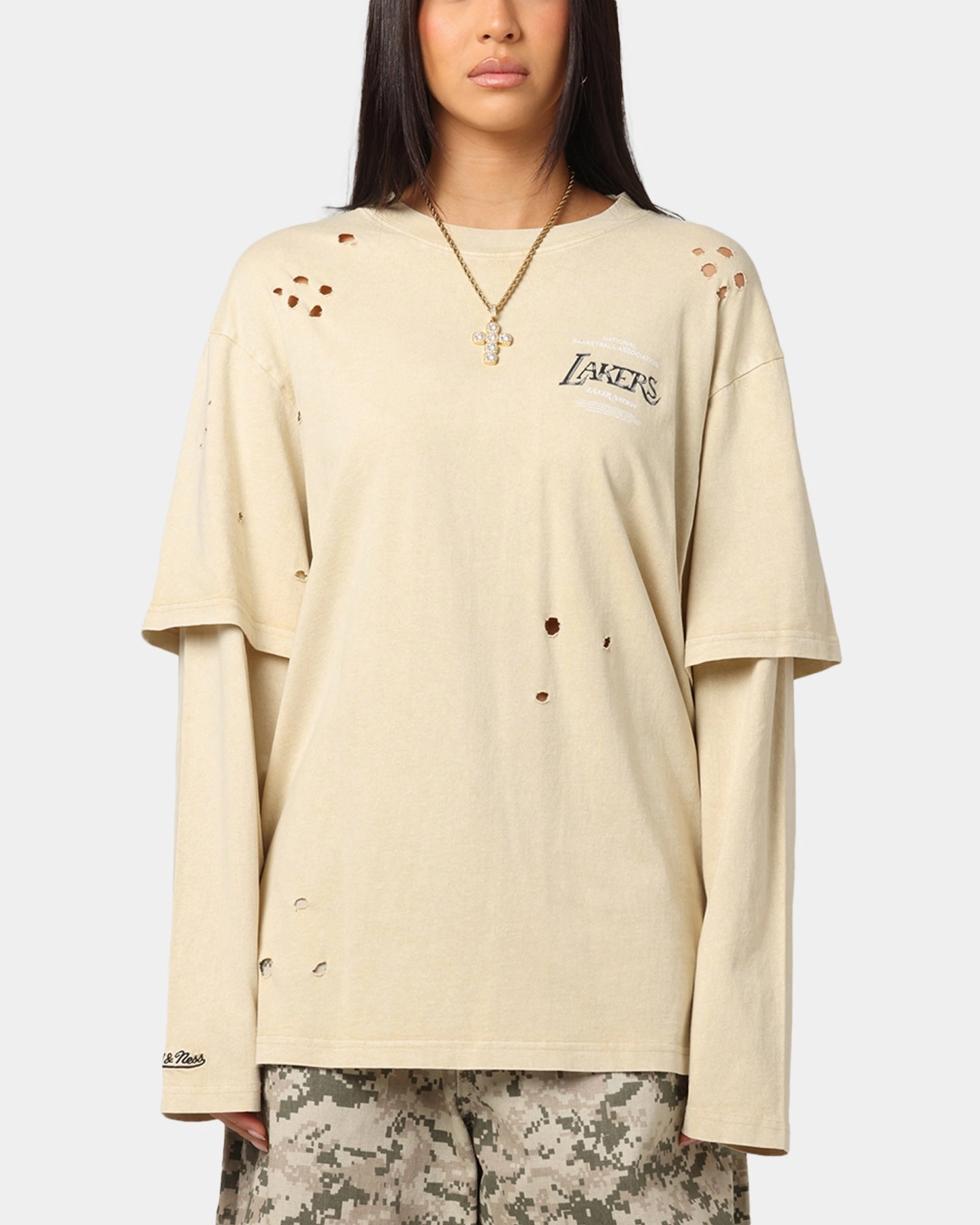 Mitchell & Ness Los Angeles Lakers Chromed Mock Long Sleeve T-Shirt Khaki Elderly clothing Classic timelessness