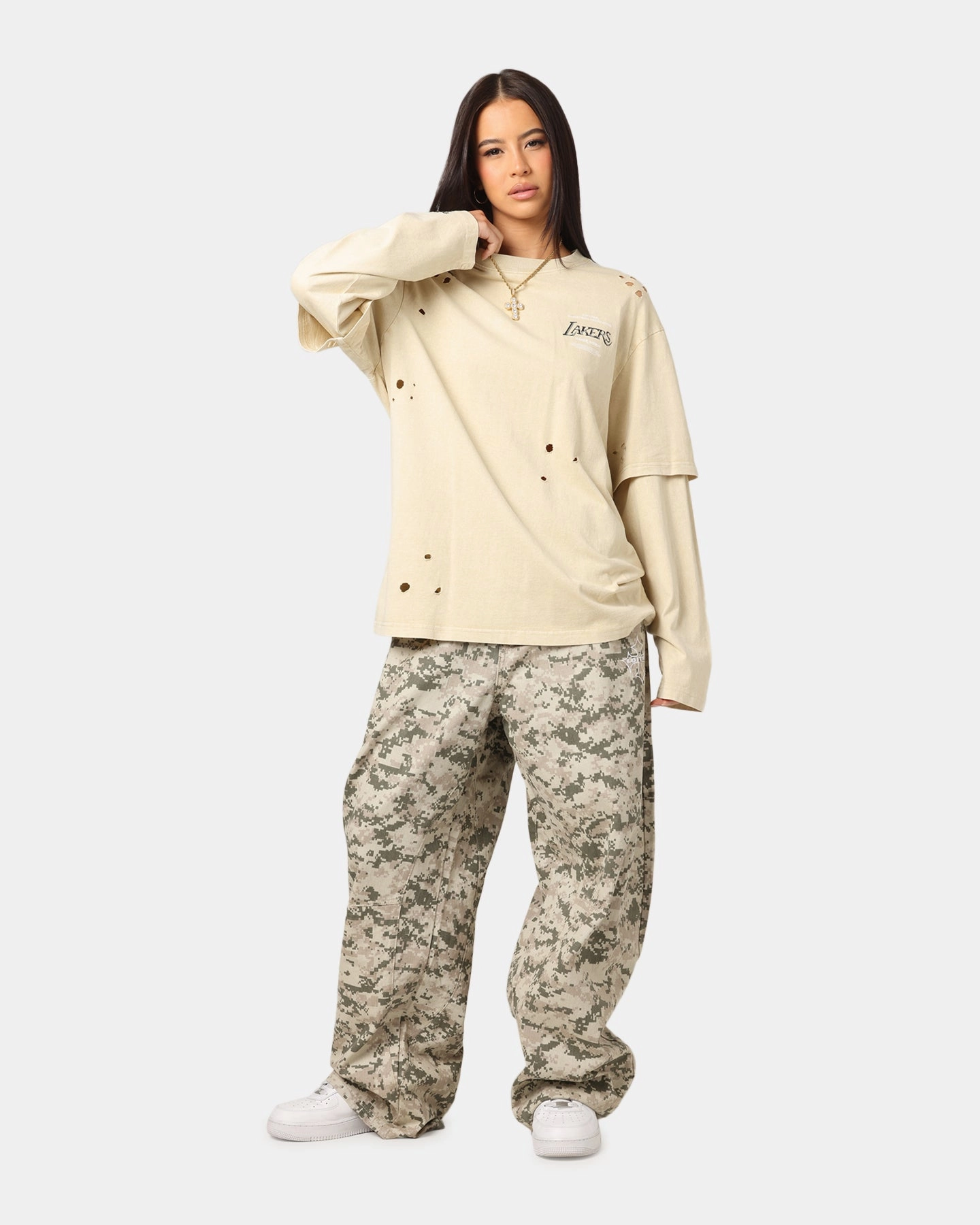 Light Trend Running Gear Mitchell & Ness Los Angeles Lakers Chromed Mock Long Sleeve T-Shirt Khaki