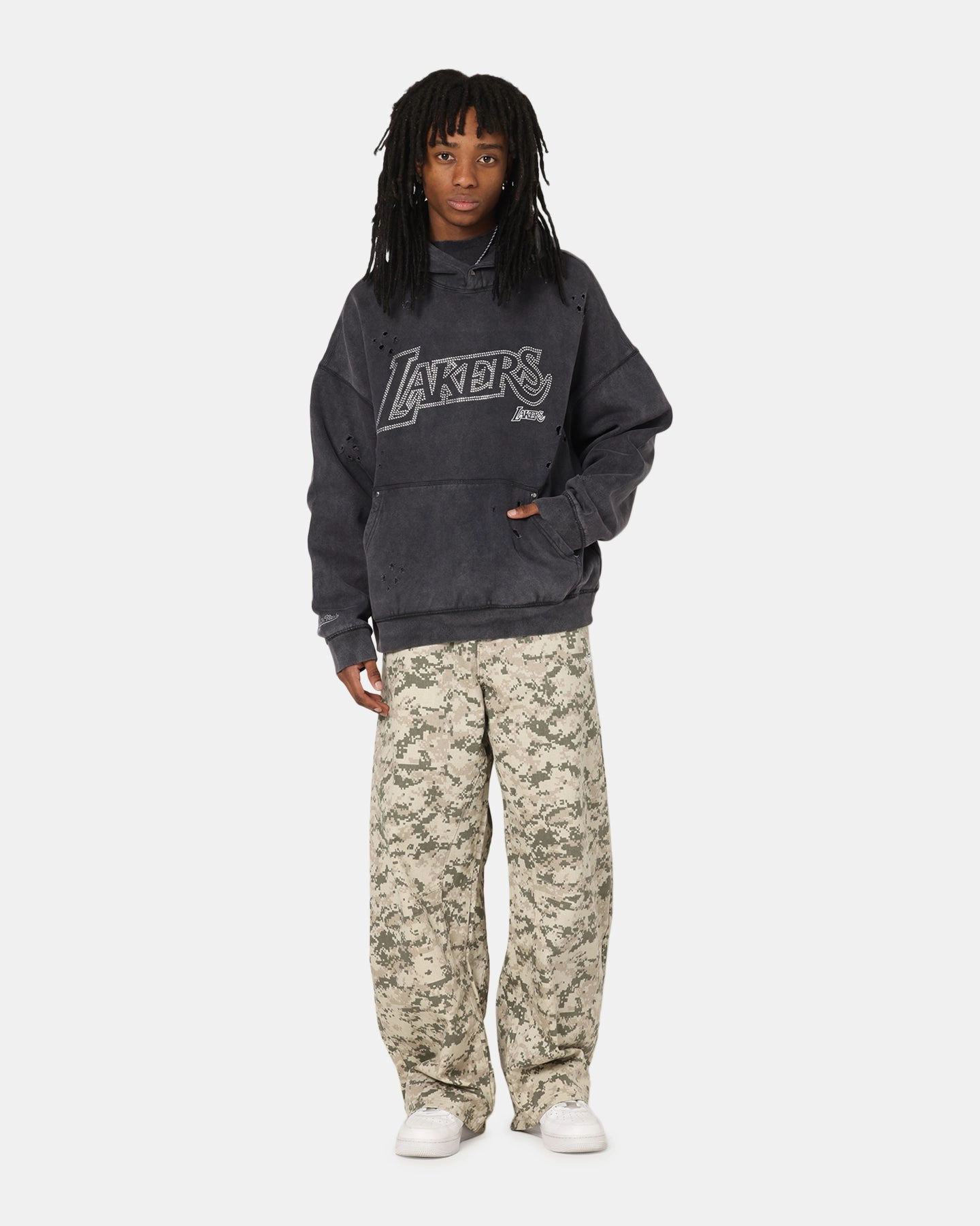 Quick Dry Technology integrated design Mitchell & Ness Los Angeles Lakers Distressed Rhinestone Logo Hoodie Faded Black