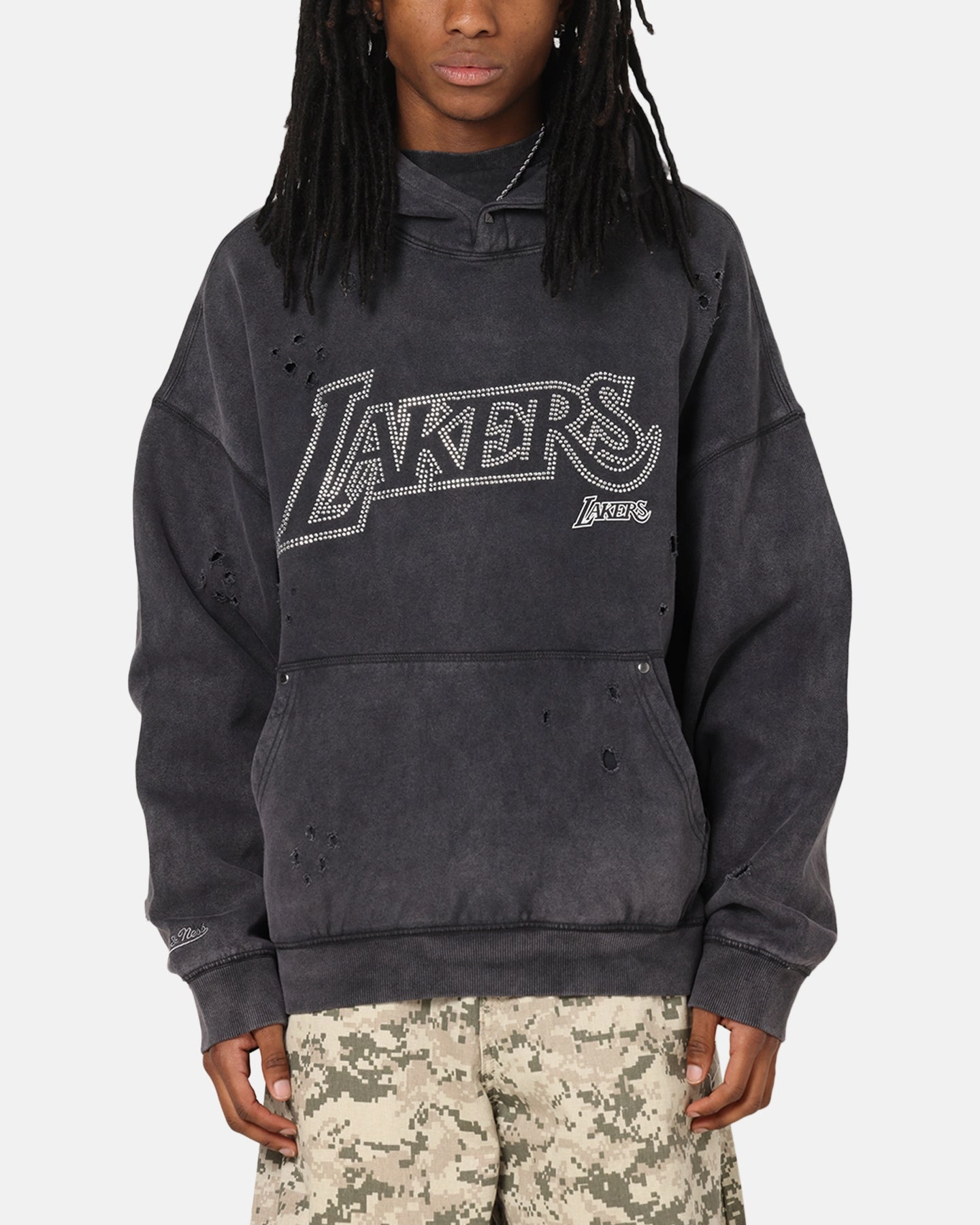 Mitchell & Ness Los Angeles Lakers Distressed Rhinestone Logo Hoodie Faded Black Good ventilation Yarn Dyed Fabric