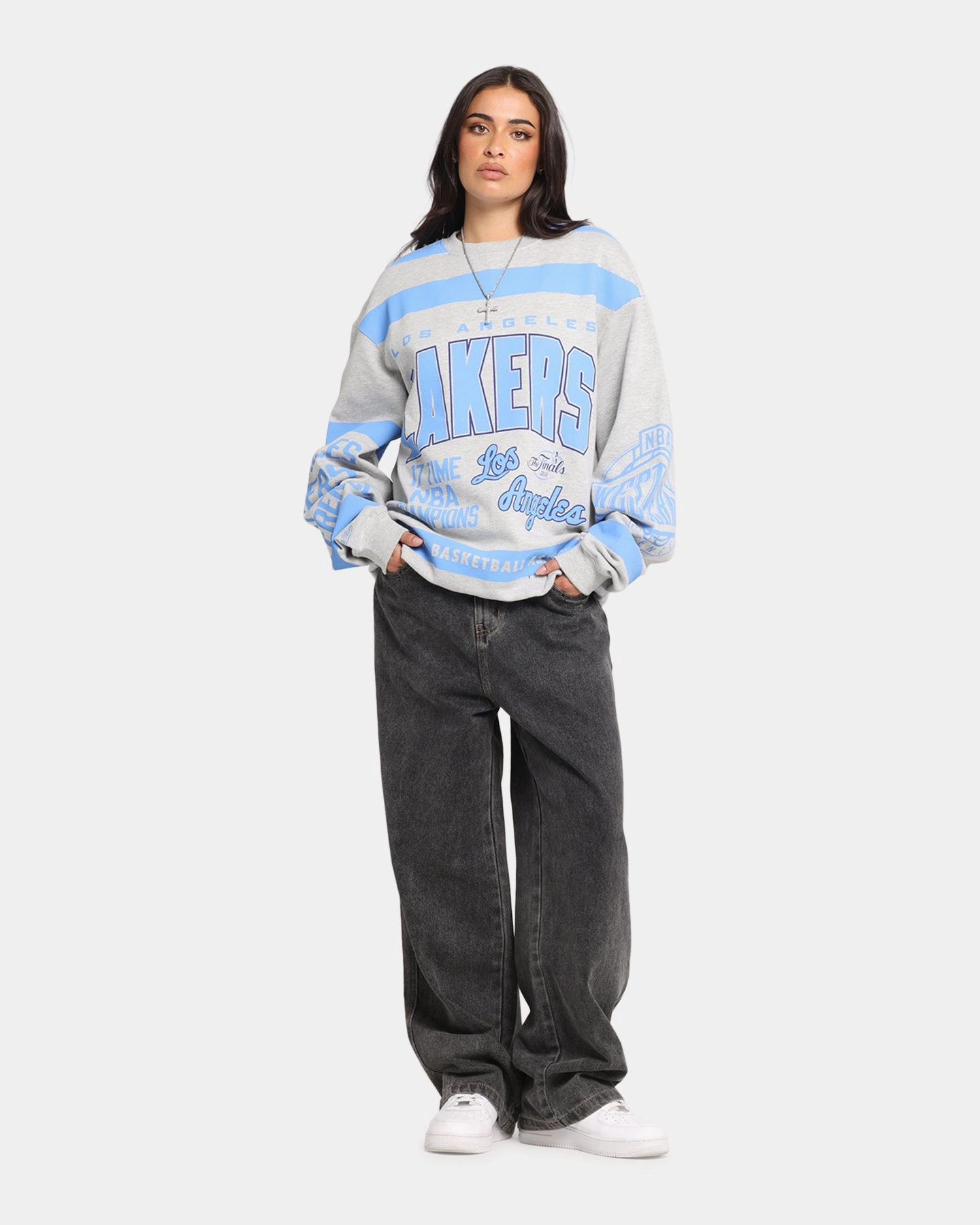 Mitchell & Ness Los Angeles Lakers Letterform Crewneck Grey Marle Detachable Lining Quick Pull Zipper