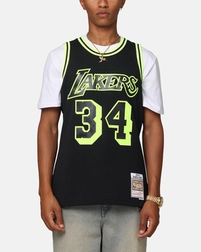 Relaxed Silhouette Breathable Underarm Gussets Mitchell & Ness Los Angeles Lakers Shaquille O'Neal 'Volt' 1996 Swing Jersey Black/Yellow