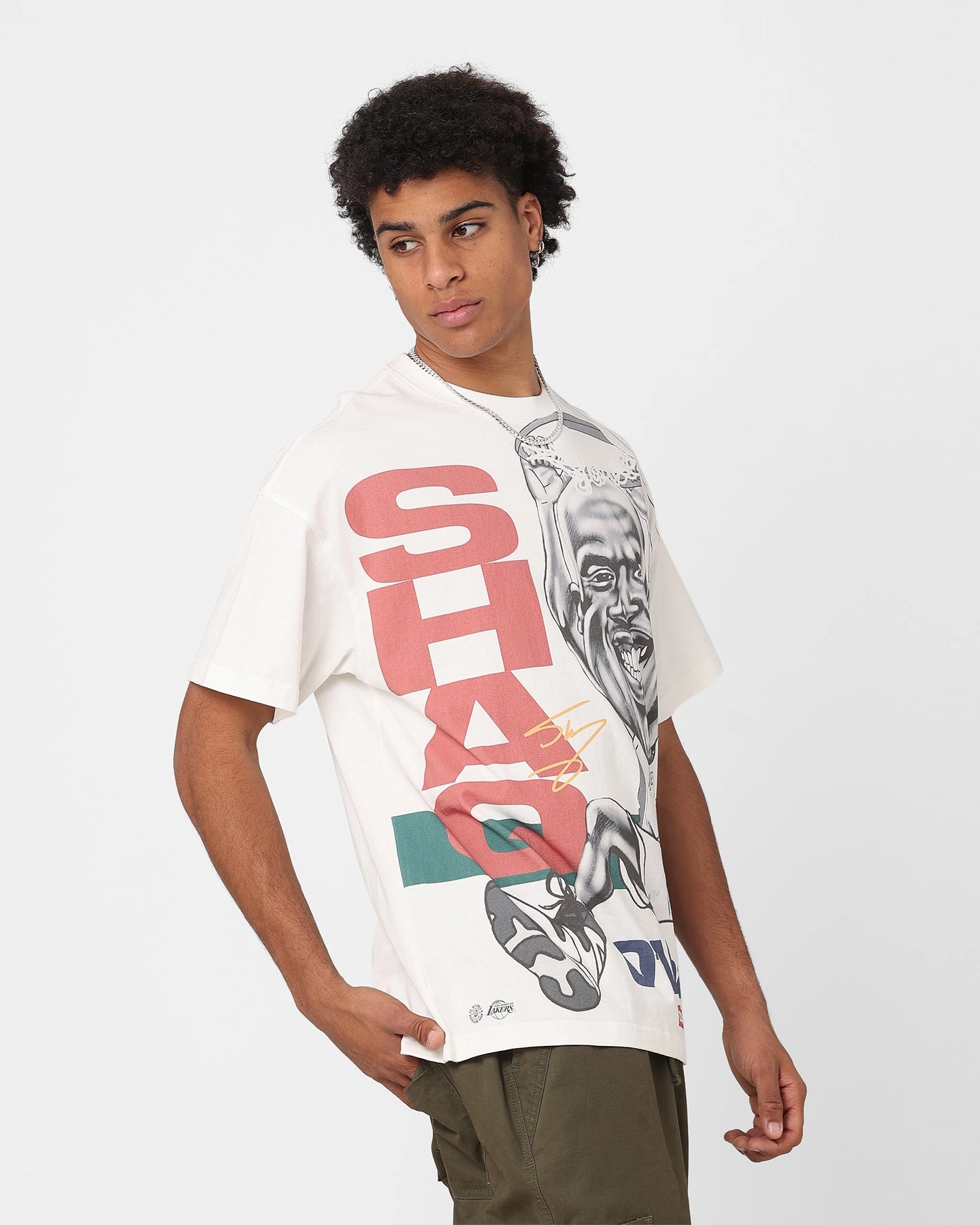 Solid Color Breathable Cotton Fabric Mitchell & Ness Los Angeles Lakers Shaquille O'Neal Blockade T-Shirt Vintage White