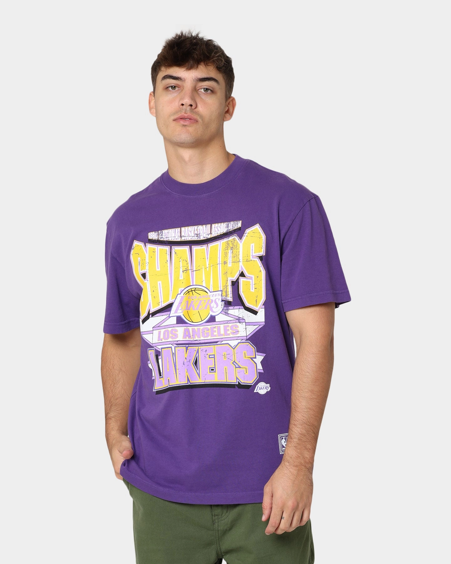 Mitchell & Ness Los Angeles Lakers Vintage Champs T-Shirt Faded Purple Crew Neck Design Plus size clothing