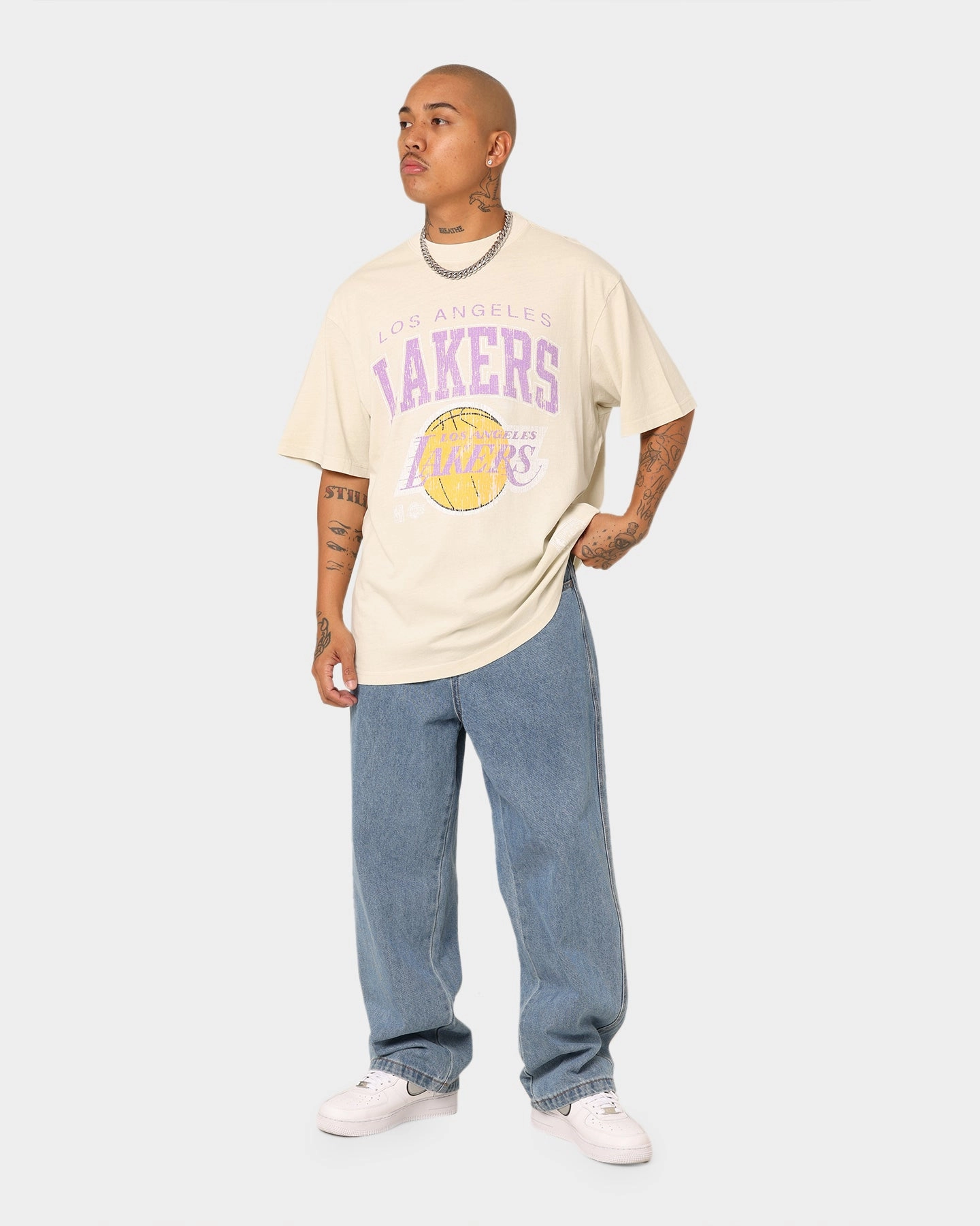 Mitchell & Ness Los Angeles Lakers XL Arch Vintage T-Shirt Faded Khaki UV Protection Fabric teenagers'