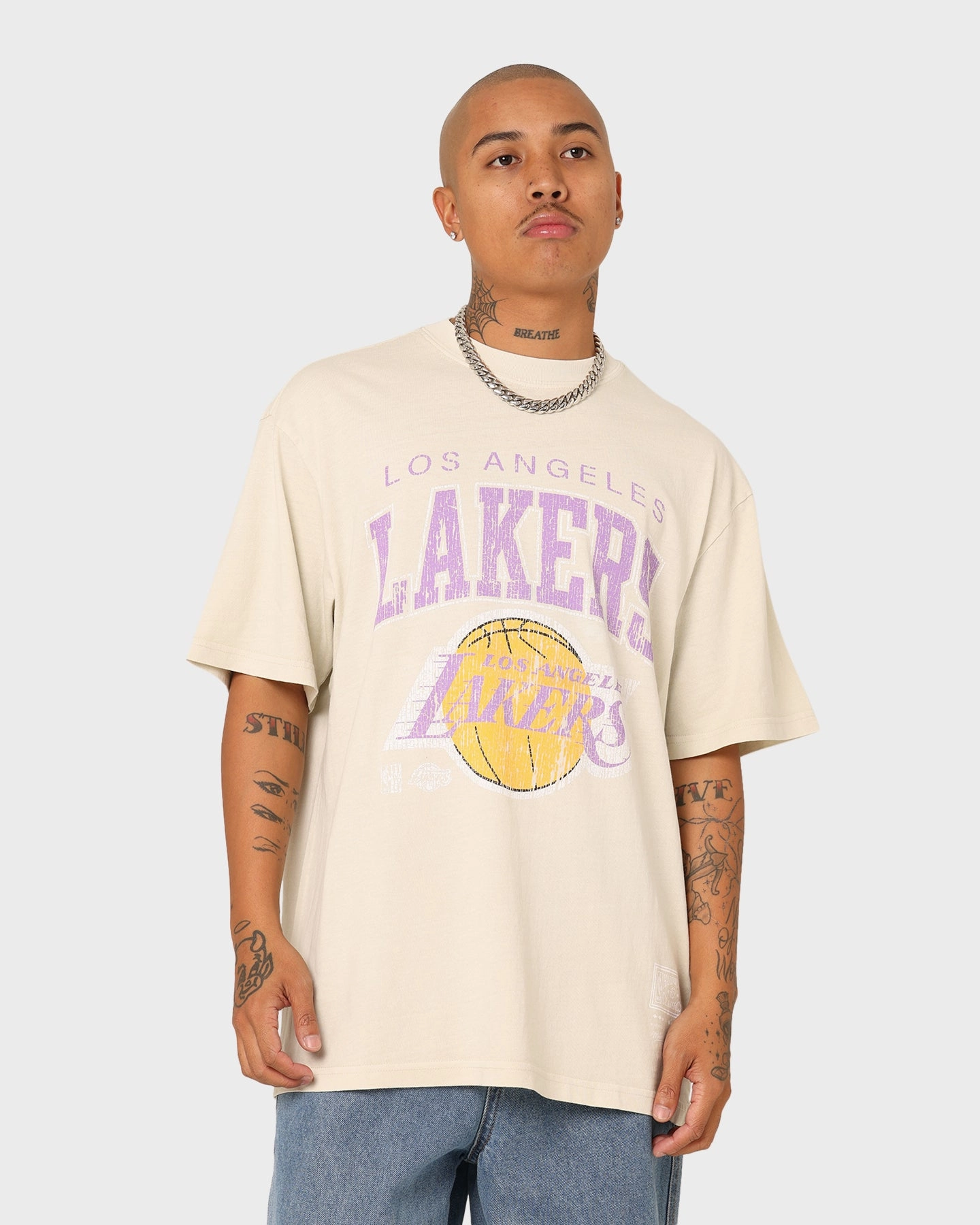 Mitchell & Ness Los Angeles Lakers XL Arch Vintage T-Shirt Faded Khaki polo neck WrinkleFreeFabric
