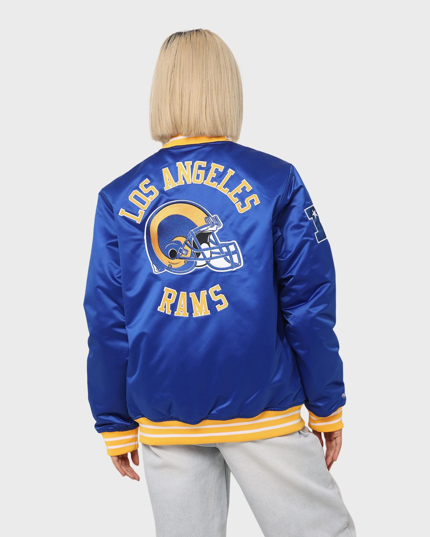 Mitchell & Ness Los Angeles Rams Heavyweight Satin Jacket Royal All Weather Protection Articulated Elbows