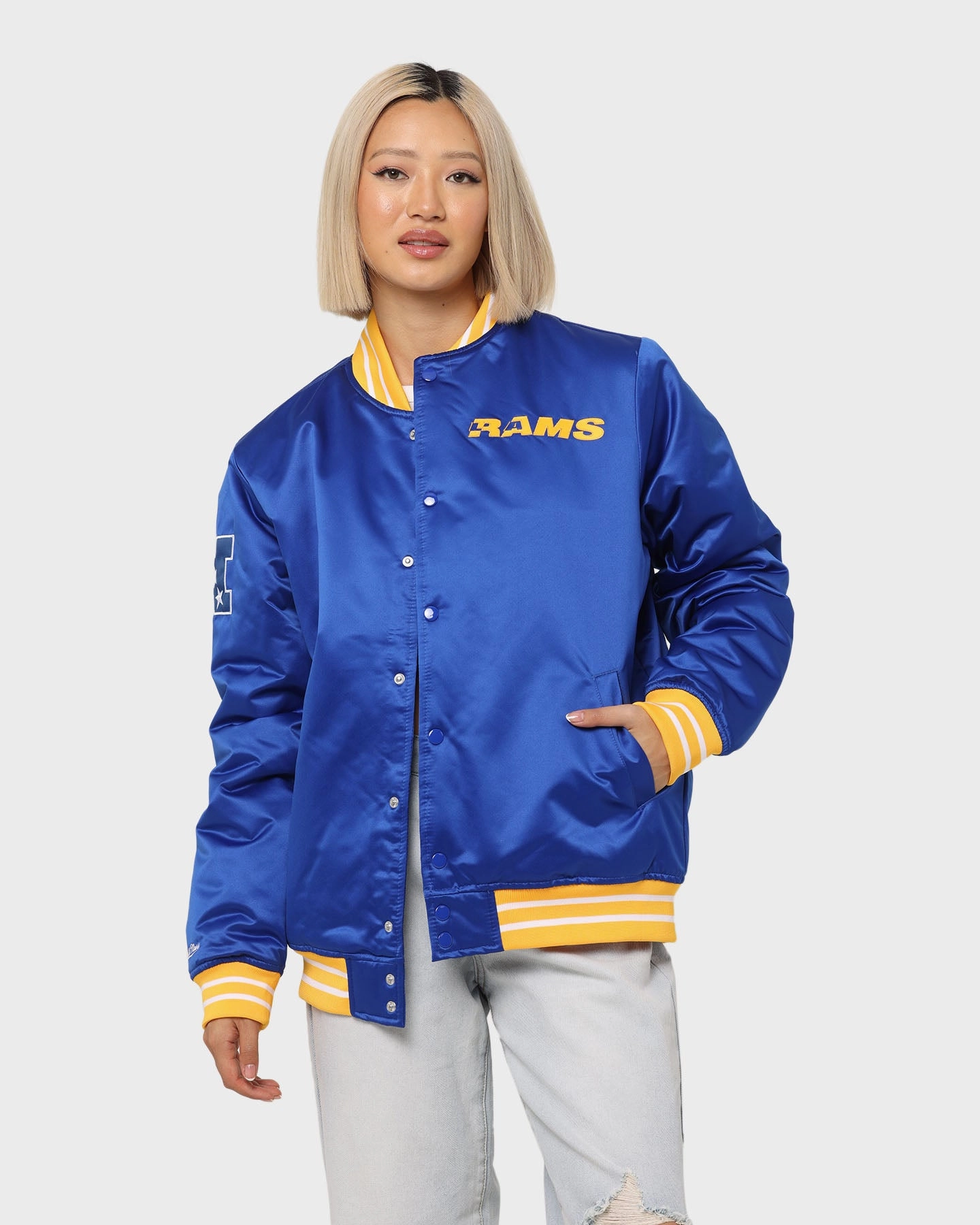 Mitchell & Ness Los Angeles Rams Heavyweight Satin Jacket Royal Street Vibe Multi Pocket Configuration