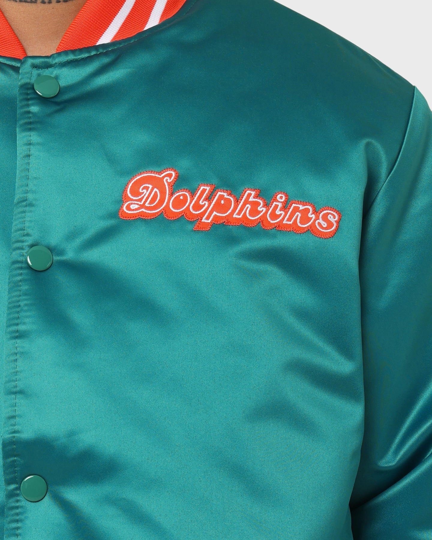Mitchell & Ness Miami Dolphins Heavyweight Satin Jacket Light Blue Adaptive Climate Control Stretch Fabric