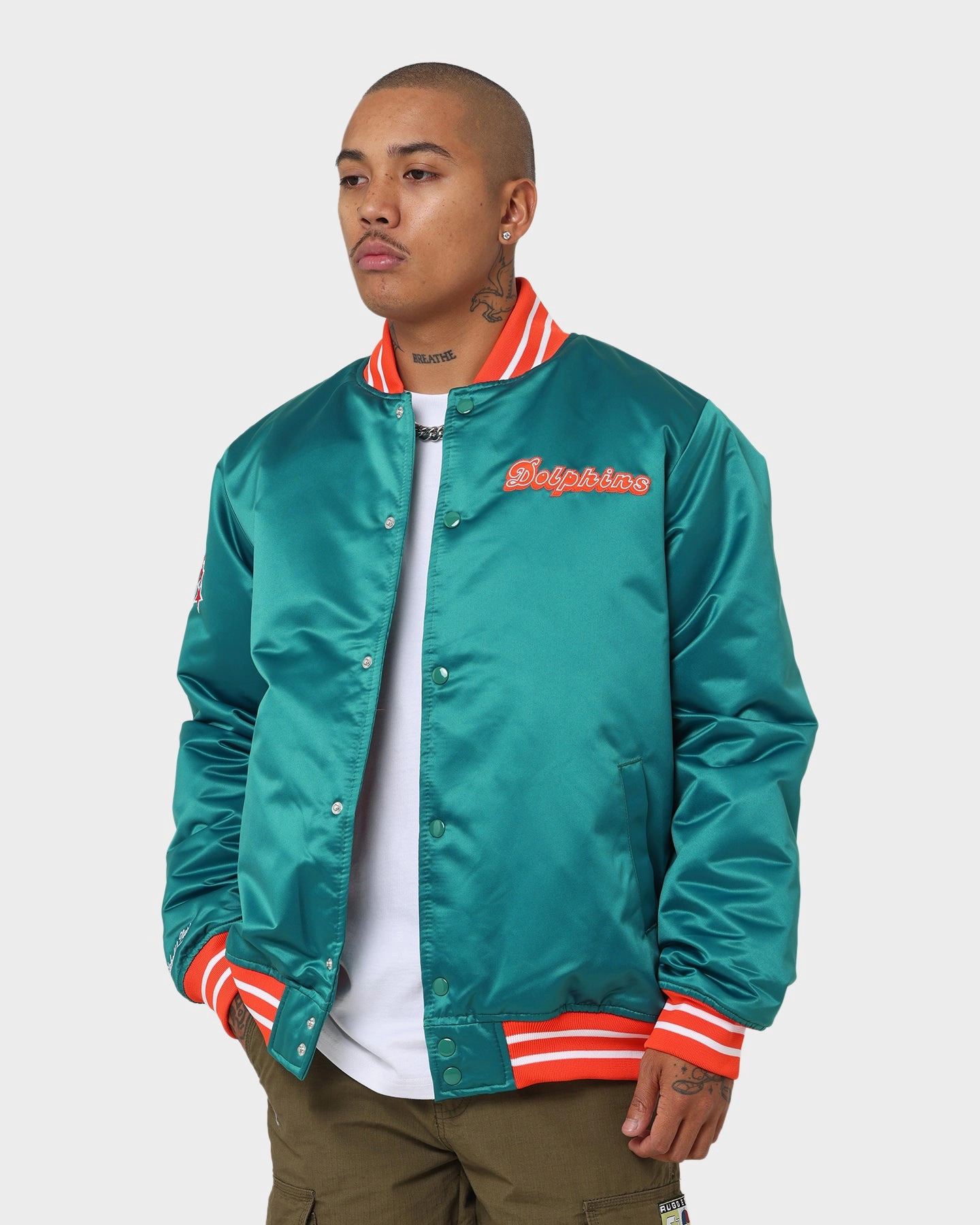 Double Layered Cuffs Non Chafing Edges Mitchell & Ness Miami Dolphins Heavyweight Satin Jacket Light Blue