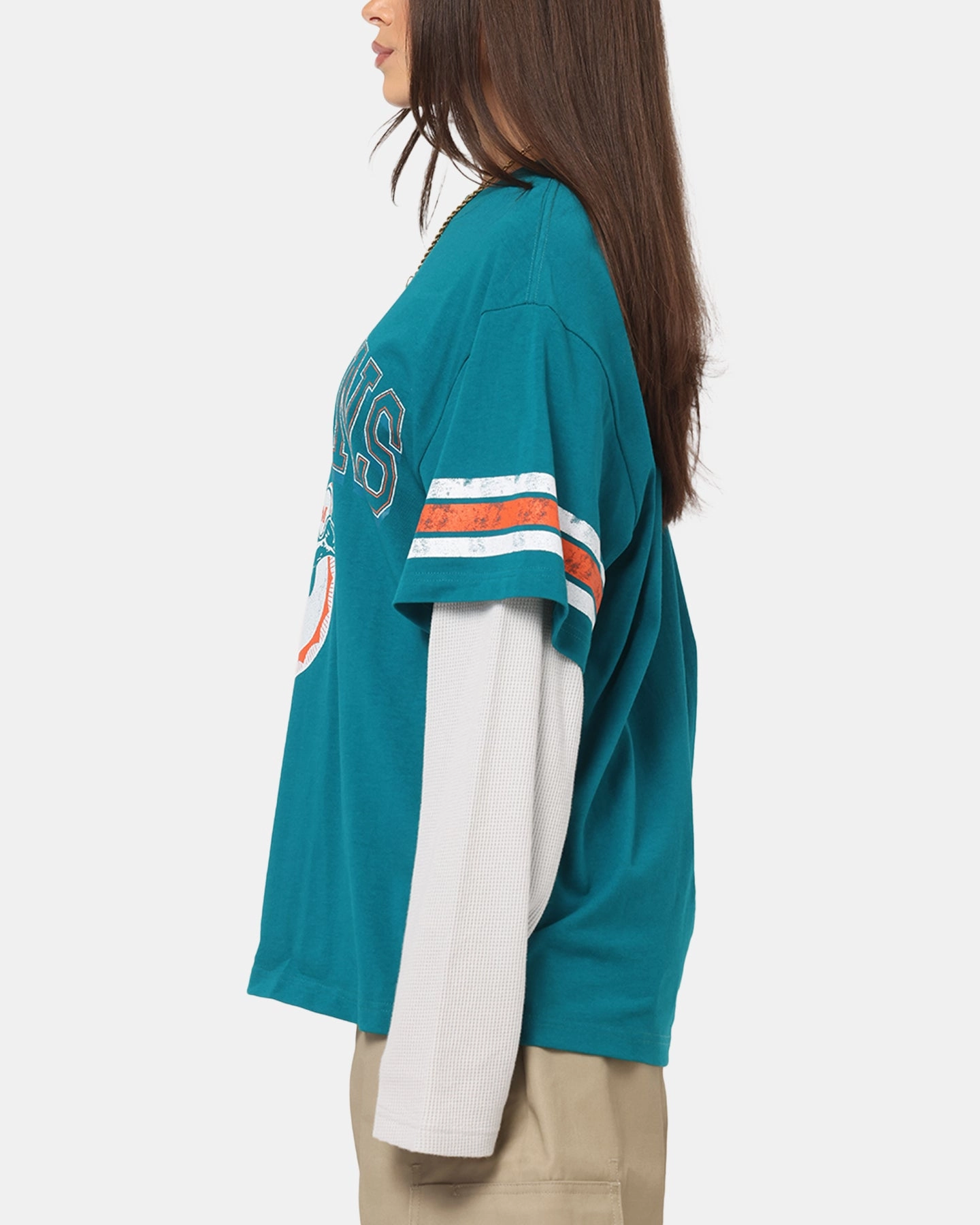 Mitchell & Ness Miami Dolphins Waffle Mock Layer Long Sleeve T-Shirt Teal Formal Elegance