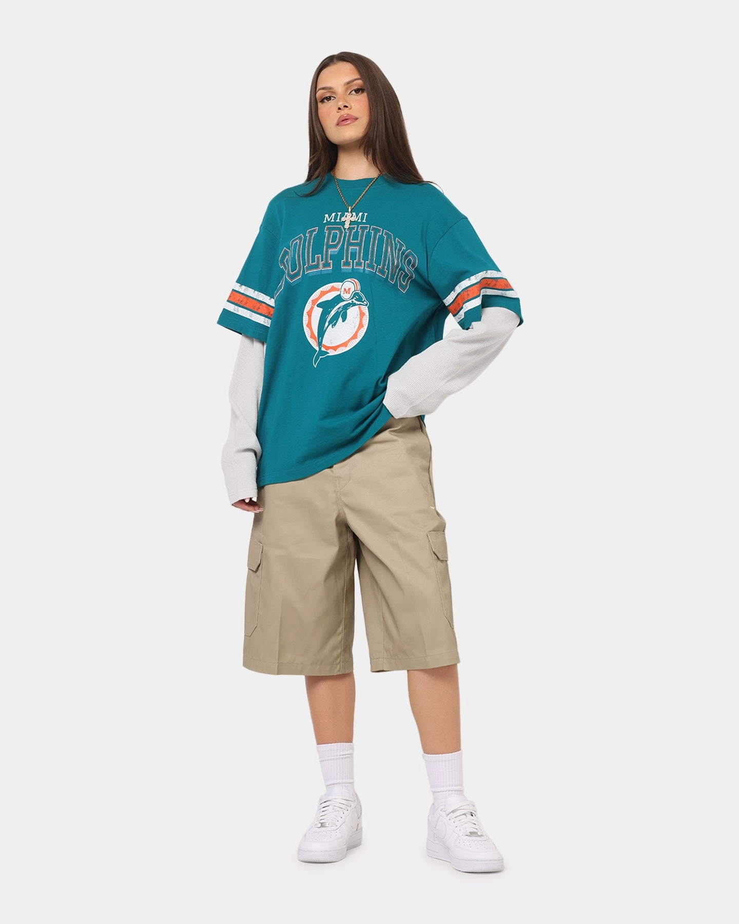 Chic Wear Summer Casual Mitchell & Ness Miami Dolphins Waffle Mock Layer Long Sleeve T-Shirt Teal