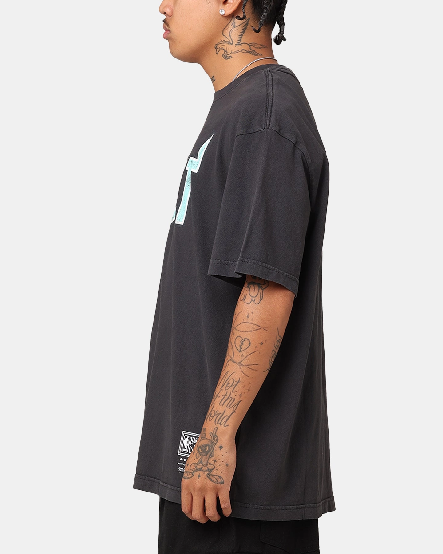 Mitchell & Ness Miami Heat Ice Blue Logo T-Shirt Faded Black Low Impact Dye Soft and Cozy