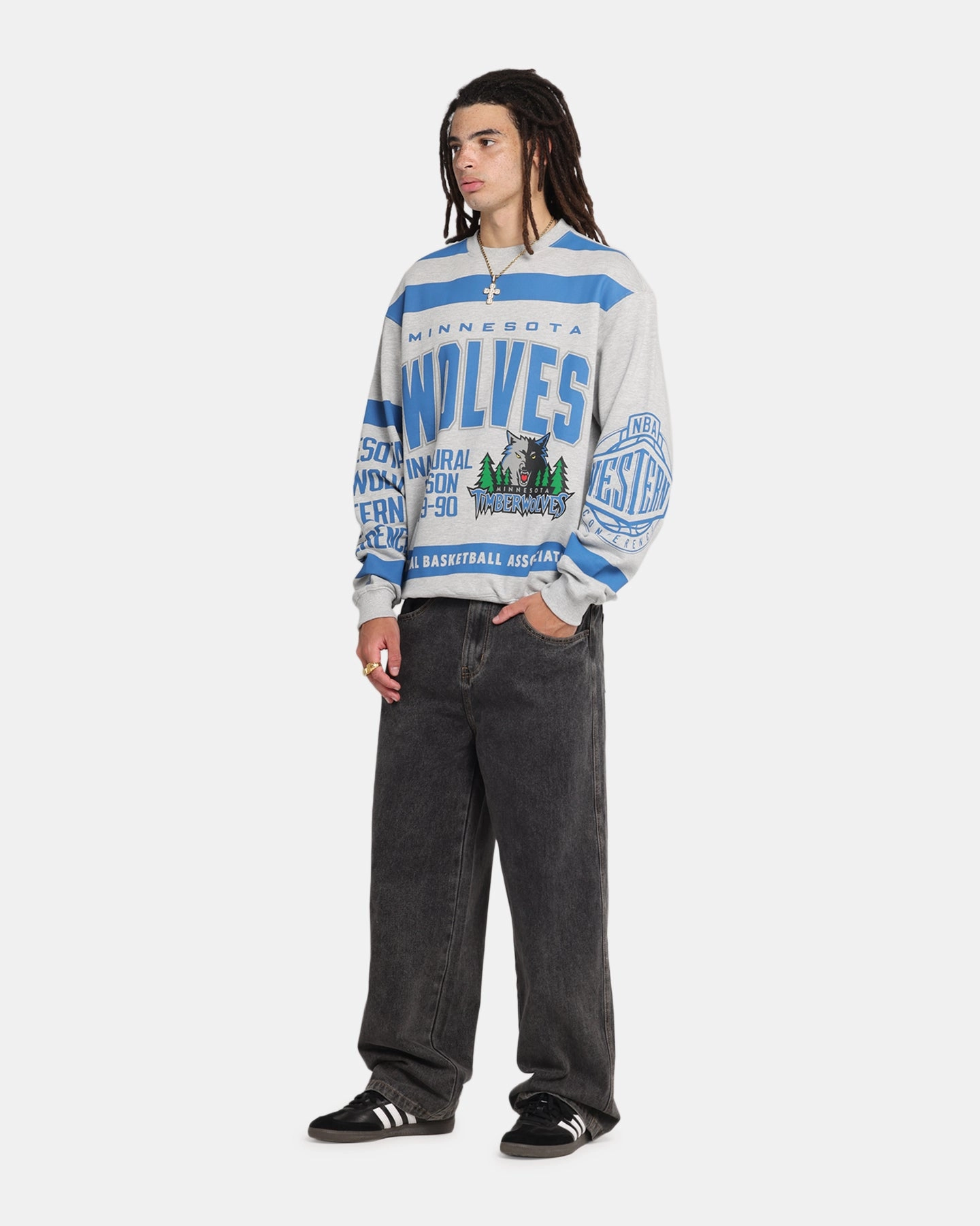 Zippered Vents slim cut Mitchell & Ness Minnesota Timberwolves Letterform Crewneck Grey Marle/Official Team Color