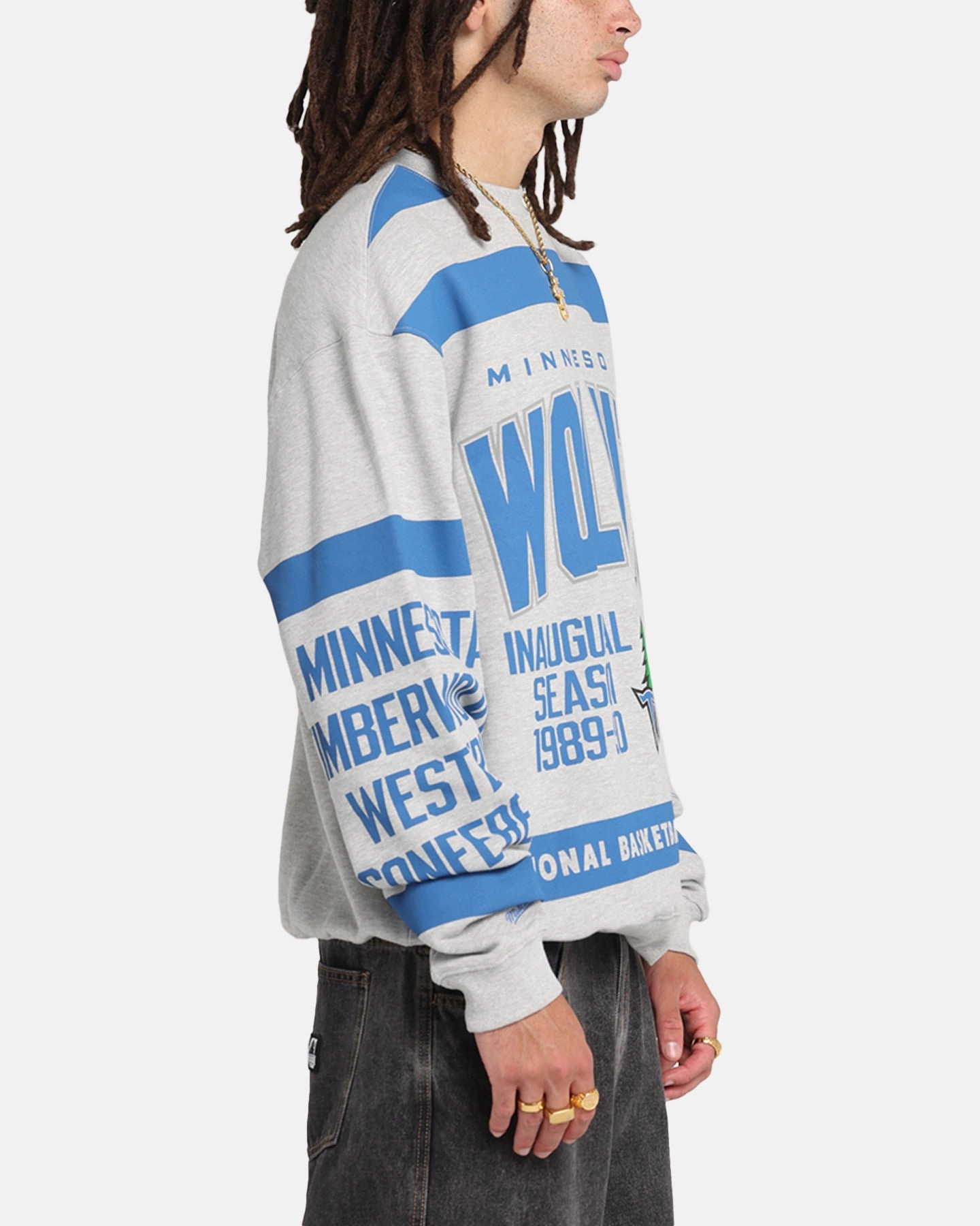 Soft Cover Non Irritating Seams Mitchell & Ness Minnesota Timberwolves Letterform Crewneck Grey Marle/Official Team Color
