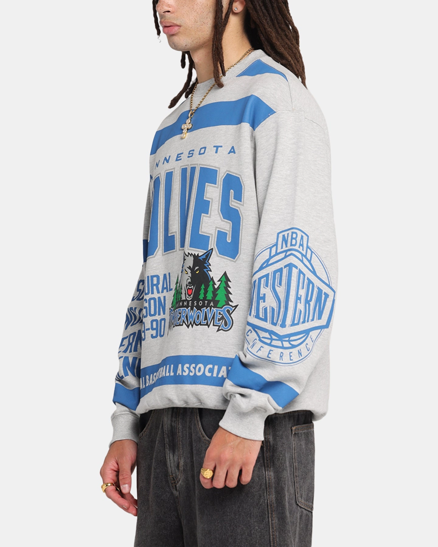 Mitchell & Ness Minnesota Timberwolves Letterform Crewneck Grey Marle/Official Team Color Breathable fabric