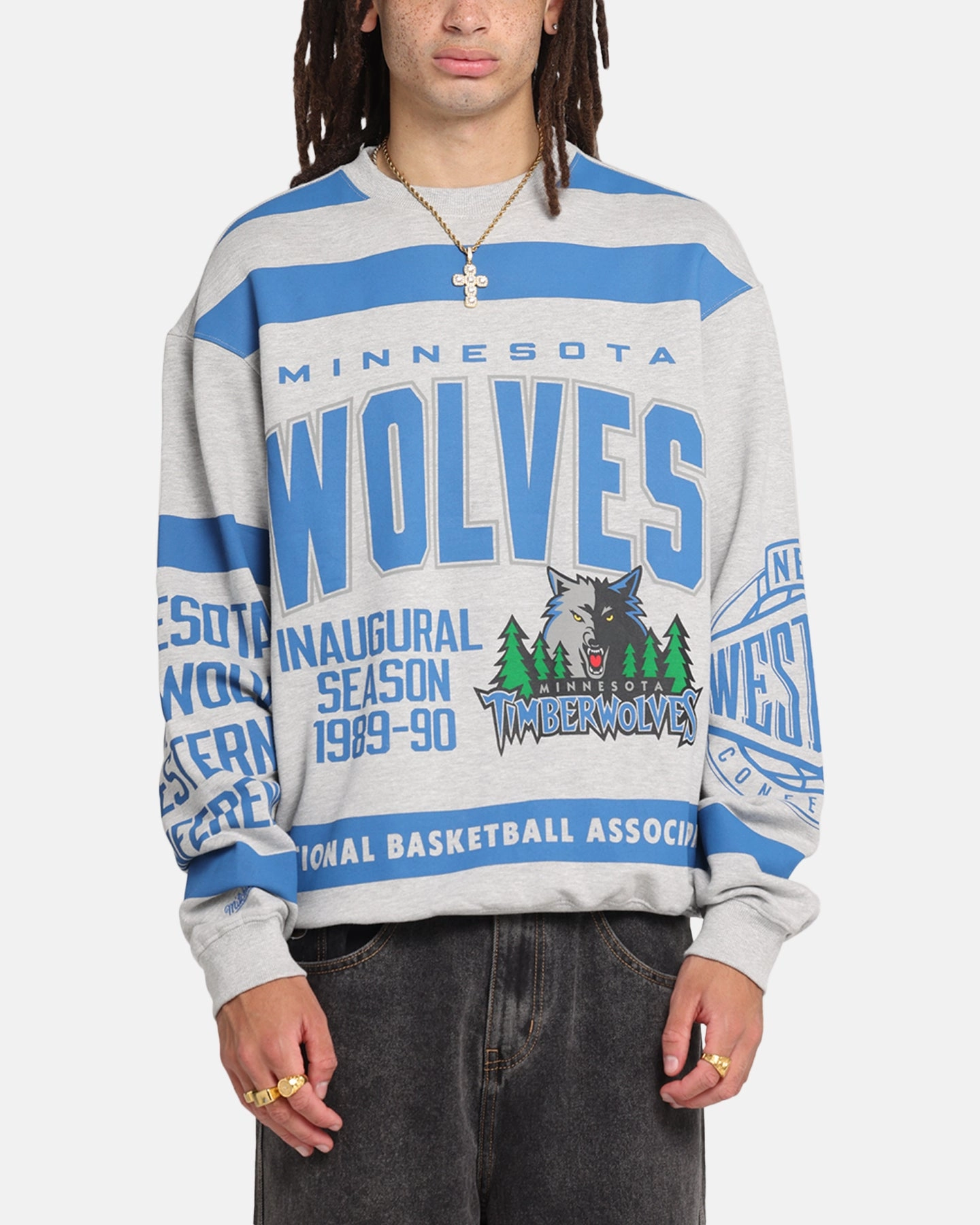 Mitchell & Ness Minnesota Timberwolves Letterform Crewneck Grey Marle/Official Team Color Ripstop Fabric Technology Reflective details