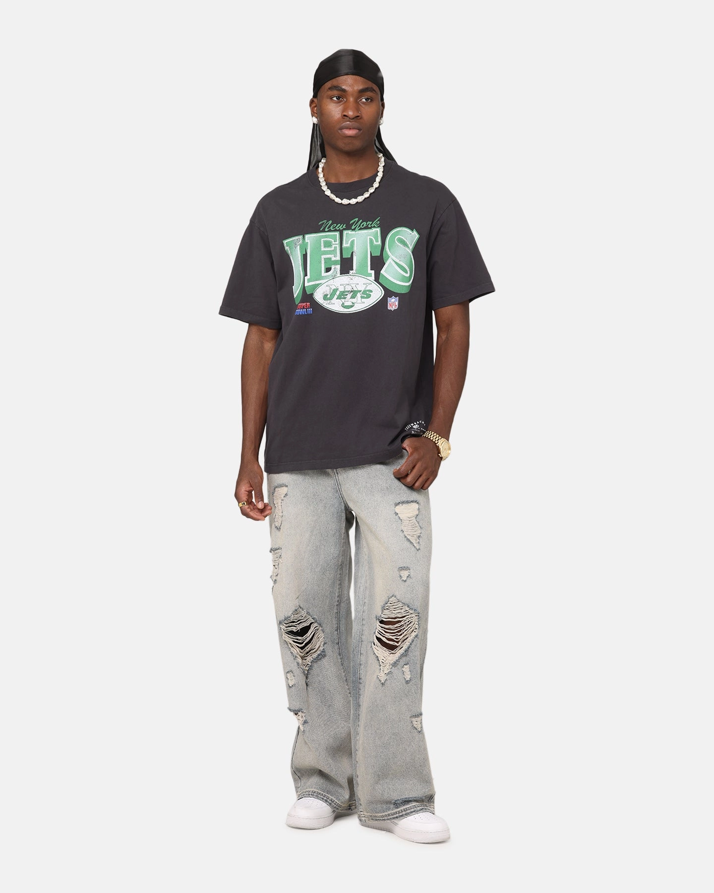 Distressed Hem Finish Mitchell & Ness New York Jets Arch T-Shirt Faded Black