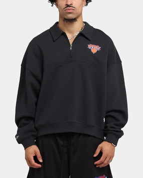 Mitchell & Ness New York Knicks Boxy Quarter Zip Crewneck Faded Black Windbreaker Inspired Fit Flexible Hood Design