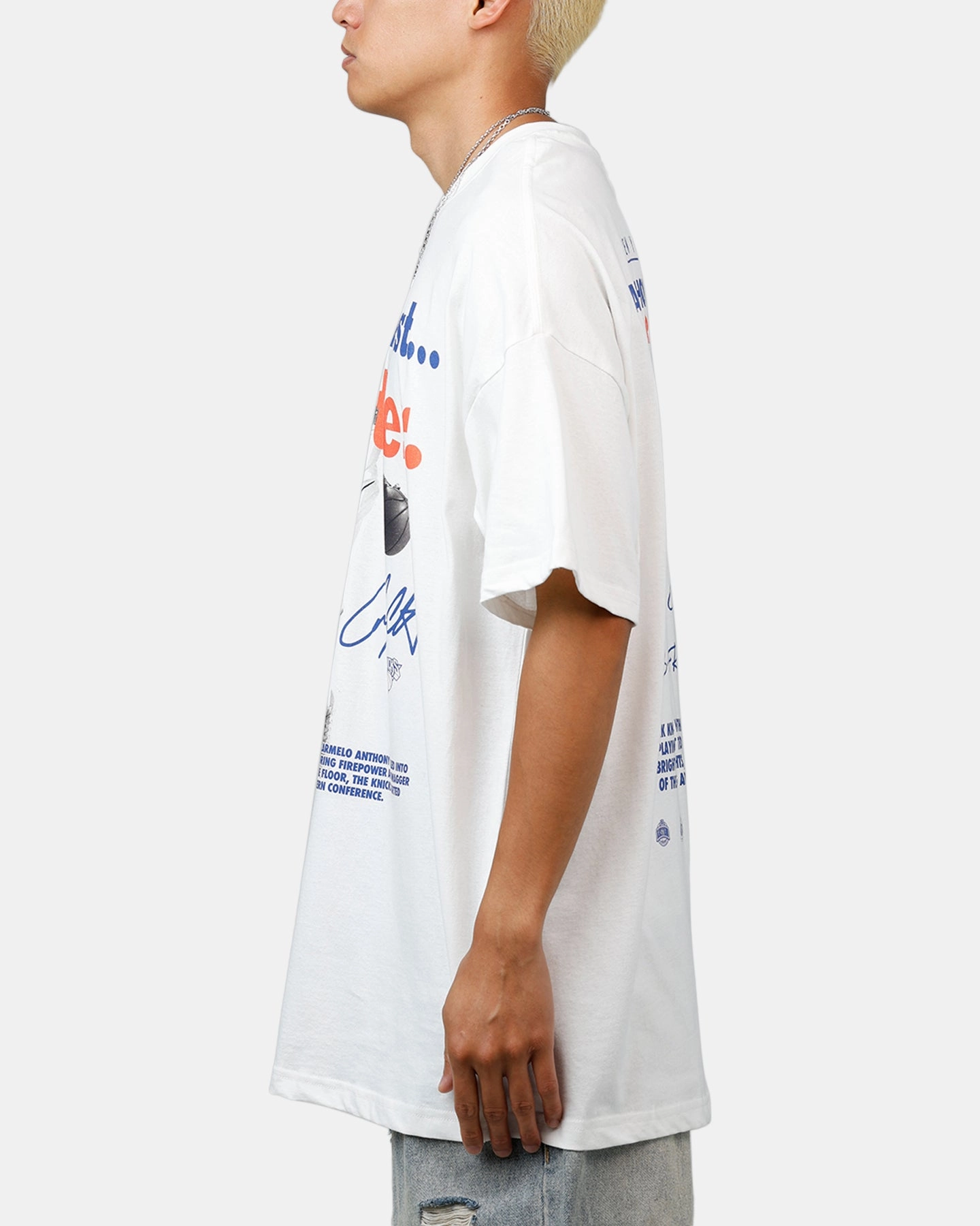 Mitchell & Ness New York Knicks Carmelo Anthony Got Better T-Shirt Vintage White Sporty Style Wear Crew Neck Design