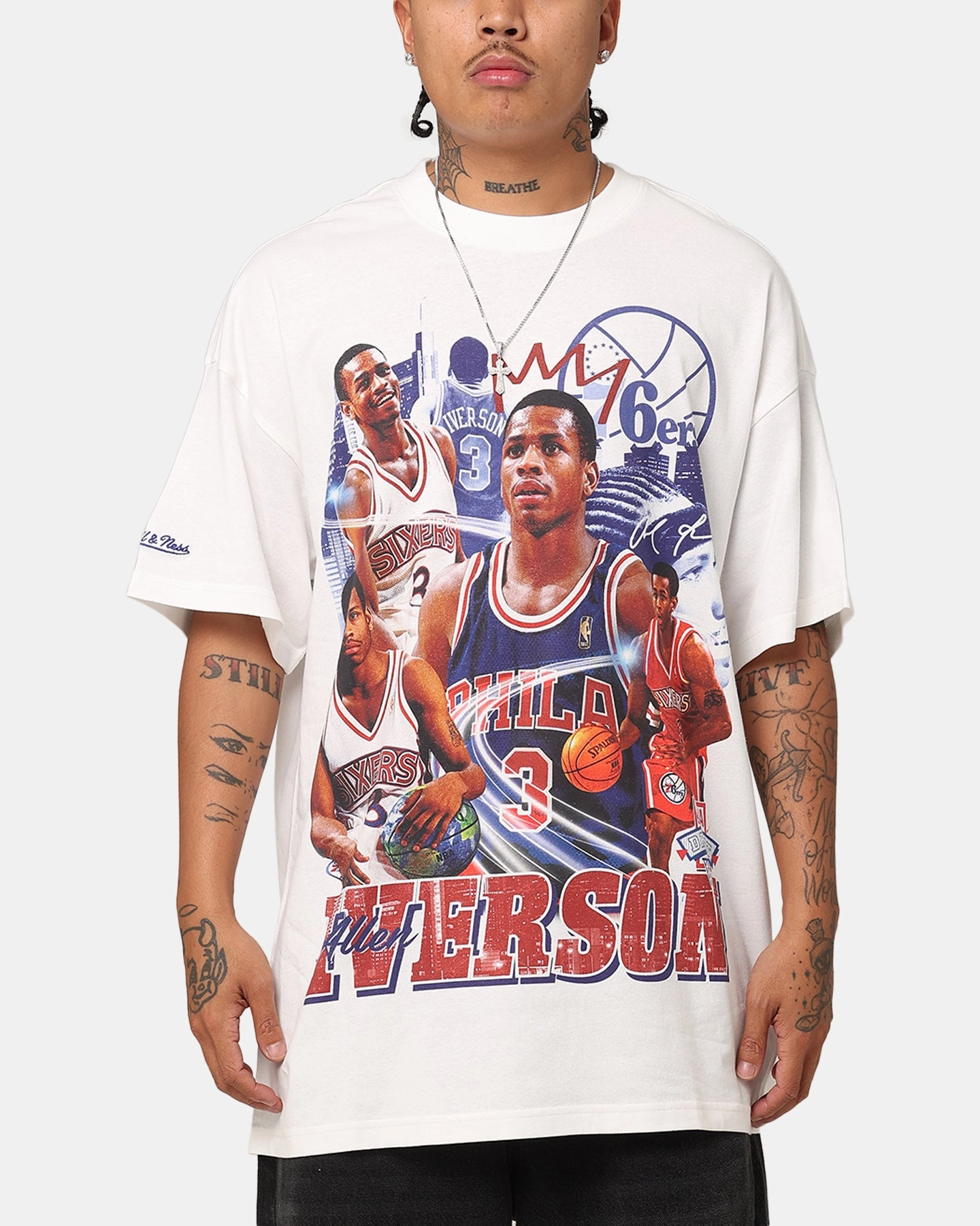 Mitchell & Ness Philadelphia 76ers Allen Iverson Rookie Season T-Shirt Vintage White Sublimation Printed Collar