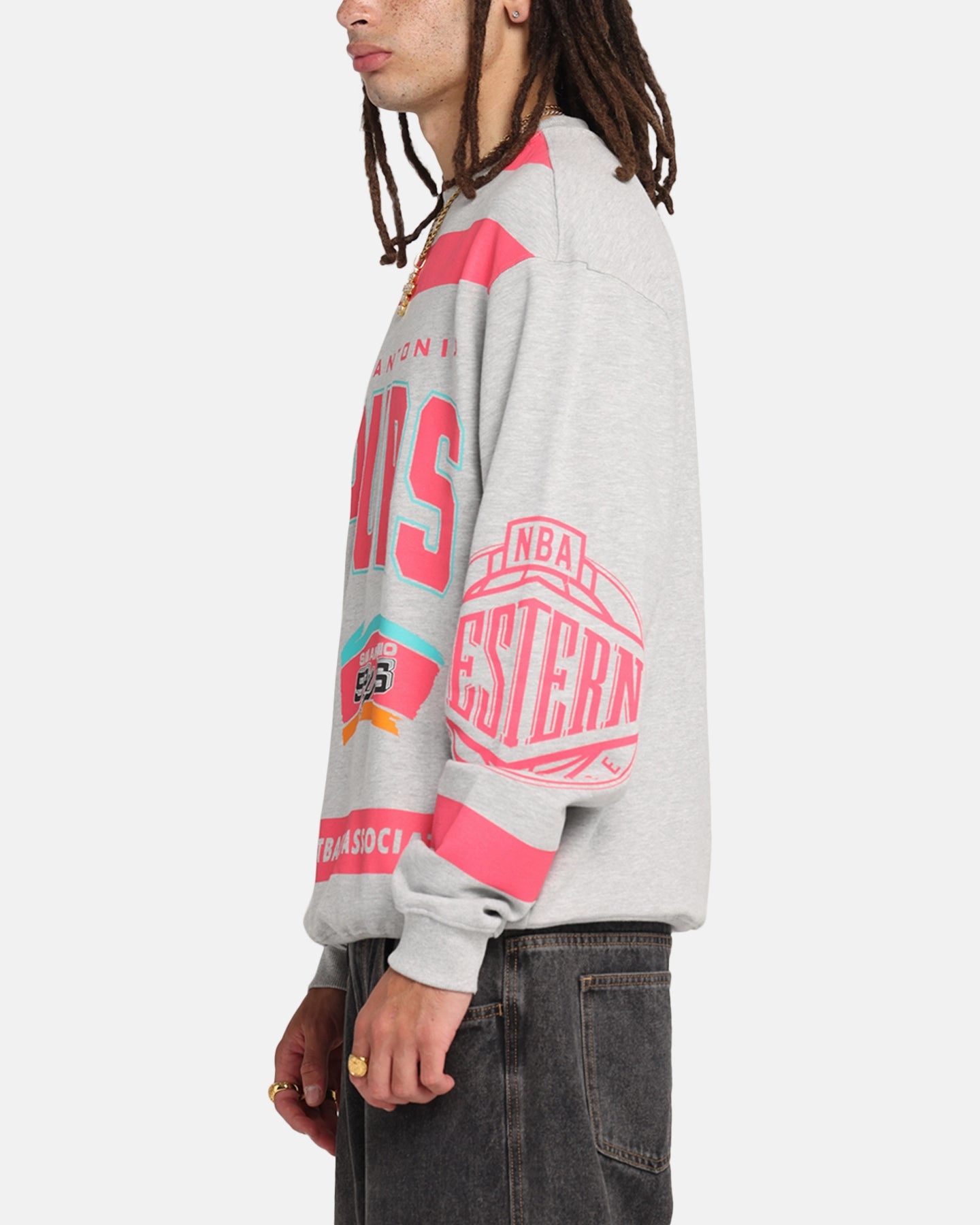 Mitchell & Ness San Antonio Spurs Letterform Crewneck Grey Marle Eco Friendly Dye Process Multi Use Piece
