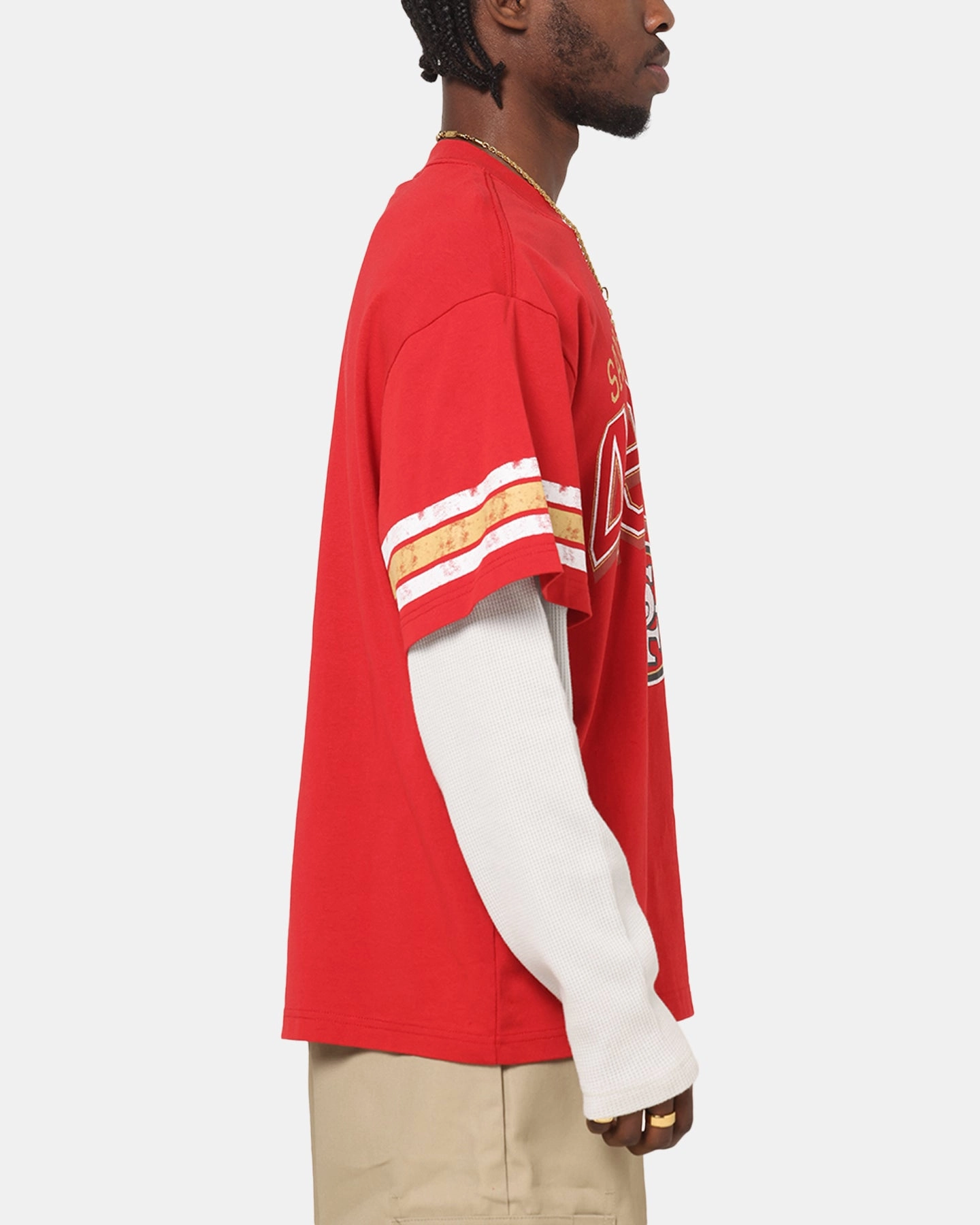 DurableStitching Mitchell & Ness San Francisco 49ers Waffle Mock Layer Long Sleeve T-Shirt Red
