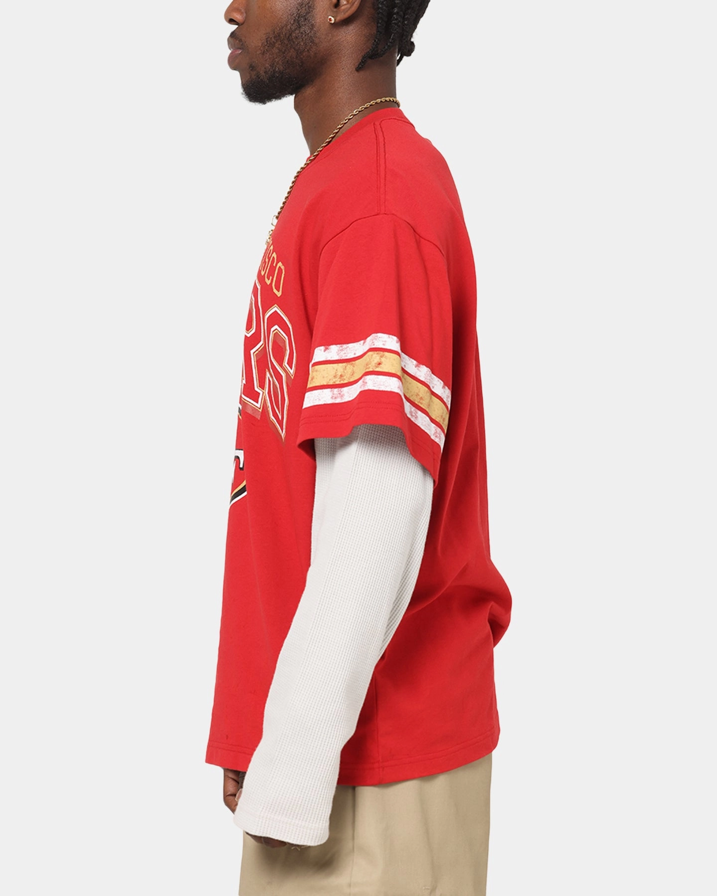 Sleek Fit Mitchell & Ness San Francisco 49ers Waffle Mock Layer Long Sleeve T-Shirt Red