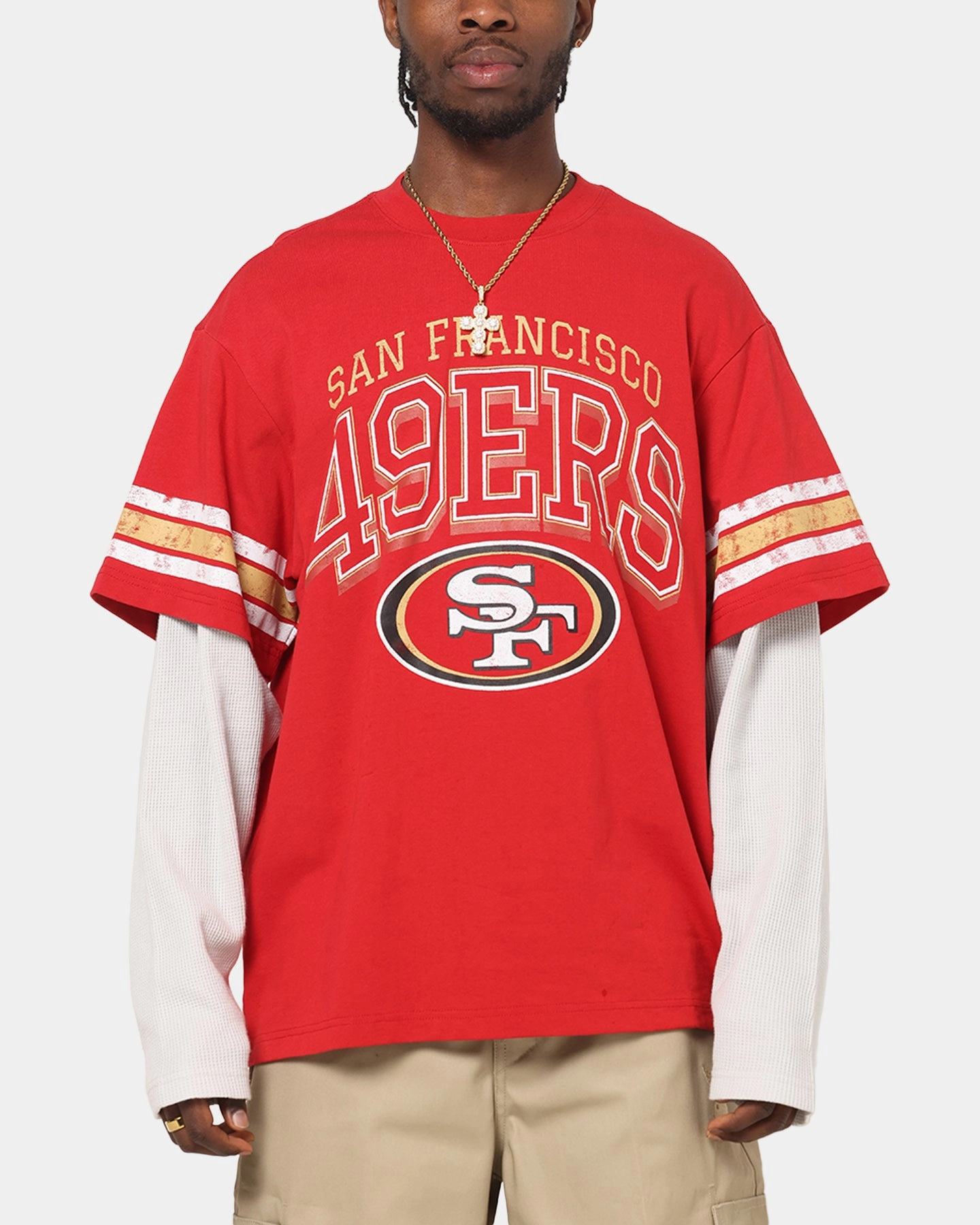 Mitchell & Ness San Francisco 49ers Waffle Mock Layer Long Sleeve T-Shirt Red Slim Silhouette Fit For All
