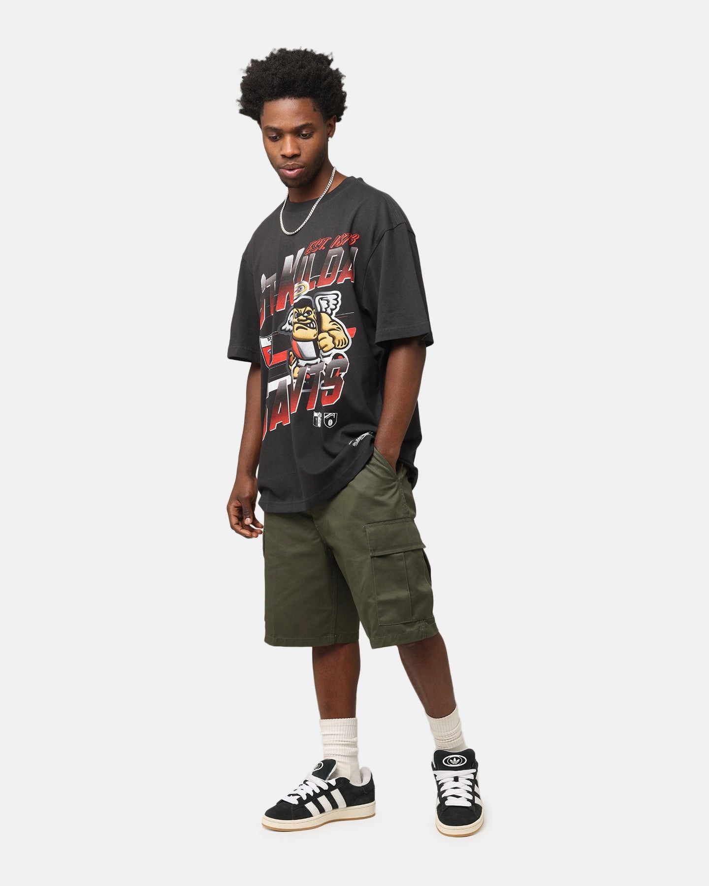 Boat Neck Mitchell & Ness St Kilda Saints Mascot Character T-Shirt Faded Black