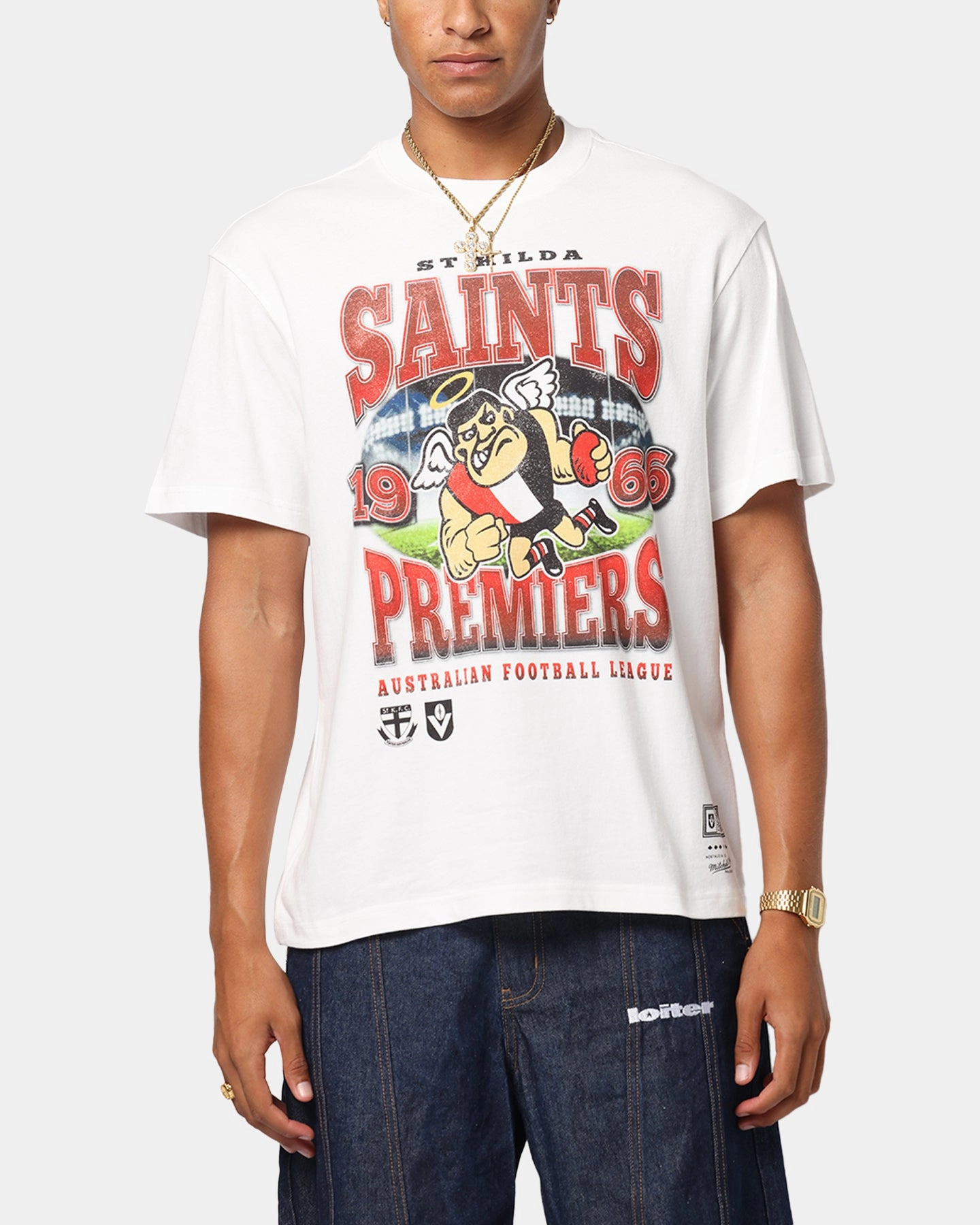 Crew Neck Design Eco Friendly Fabric Mitchell & Ness St Kilda Saints Mascot T-Shirt Vintage White