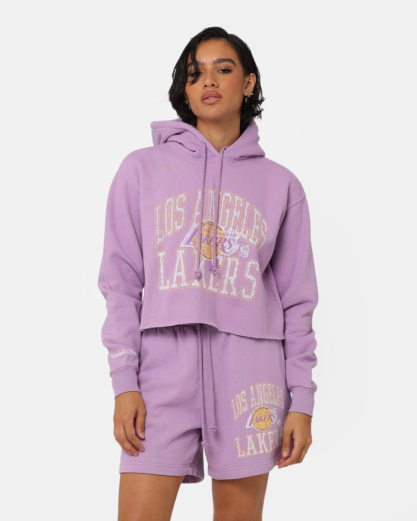 Listen suitable for promotional activities Mitchell & Ness Women's Los Angeles Lakers Arch Logo Crop Hoodie Faded Purple